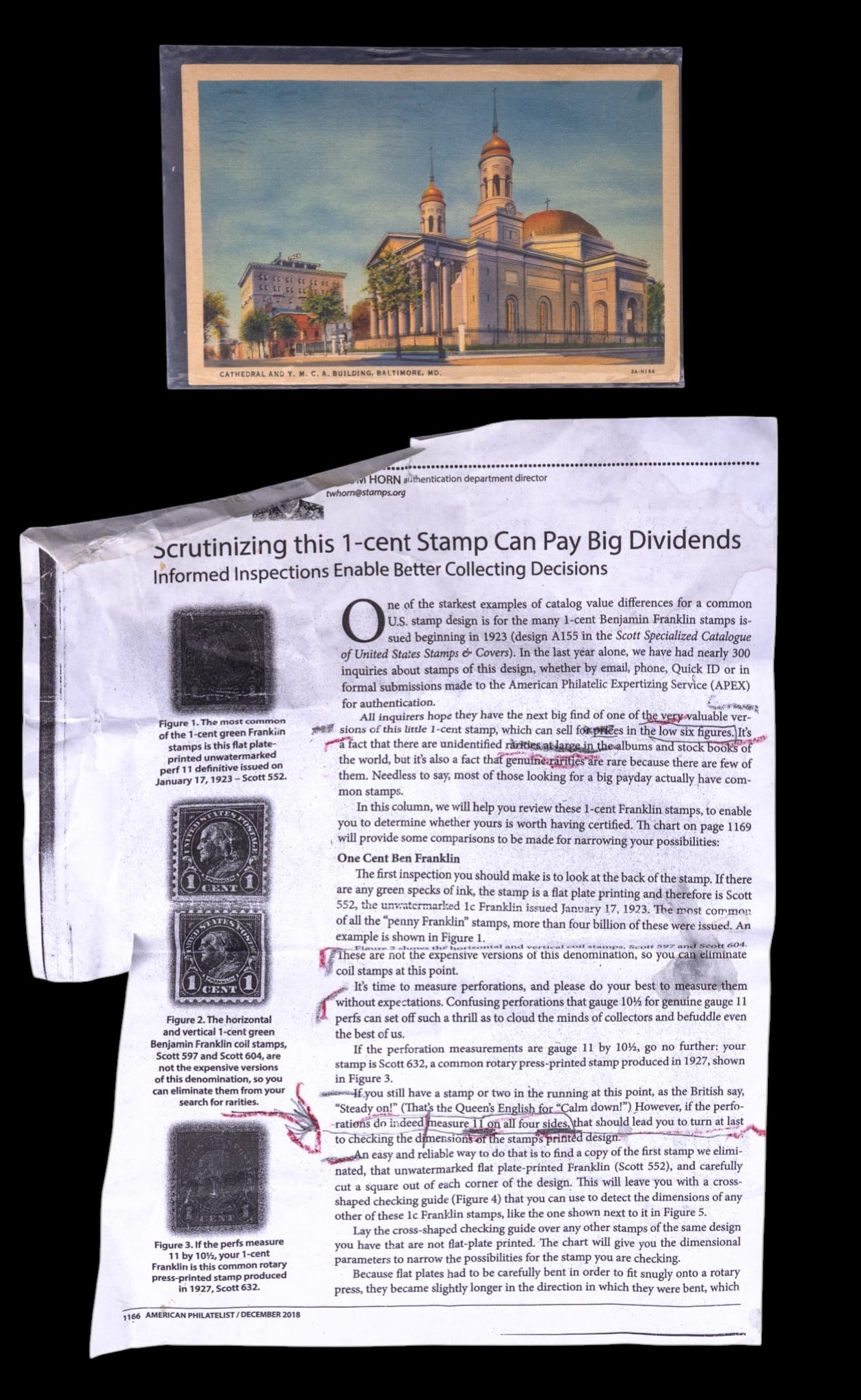 Ben Franklin 1 cent Post Card Stamp: A Benjamin Franklin 1 cent post card stamp from the series printed between 1908 and 1922, width of printed area measures 19mm and height measures 22, there are 11 perforation holes along the bottom. P