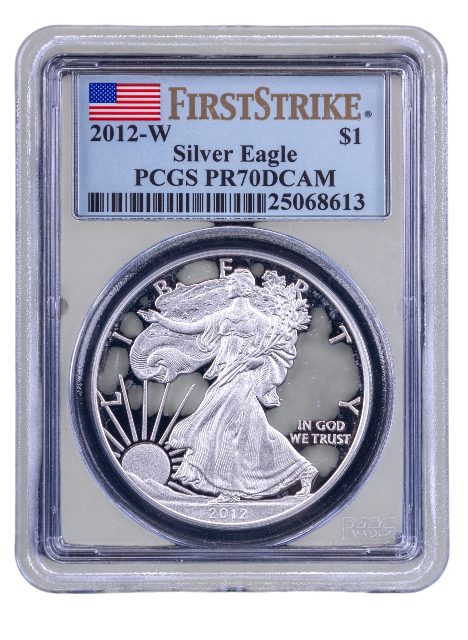 2012-W American Silver Eagle PCGS PR70DCAM: 2012-W American Silver Eagle coin graded PR70DCAM by PCGS. This First Strike proof coin is struck in 0.999 fine silver and displays a deep cameo contrast. The obverse features the iconic Walking Liber