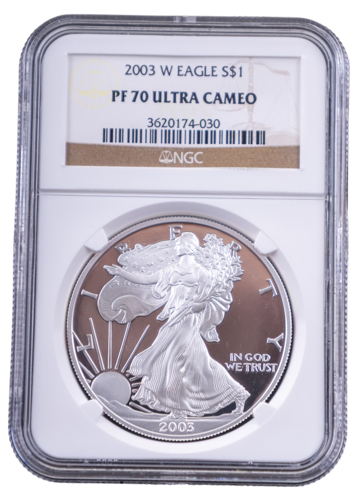 2003-W American Silver Eagle PF70 Ultra Cameo: 2003-W American Silver Eagle one-ounce coin, graded PF70 Ultra Cameo by NGC. Encased in a sealed certified holder with label verifying grading and authenticity. Obverse features Walking Liberty design