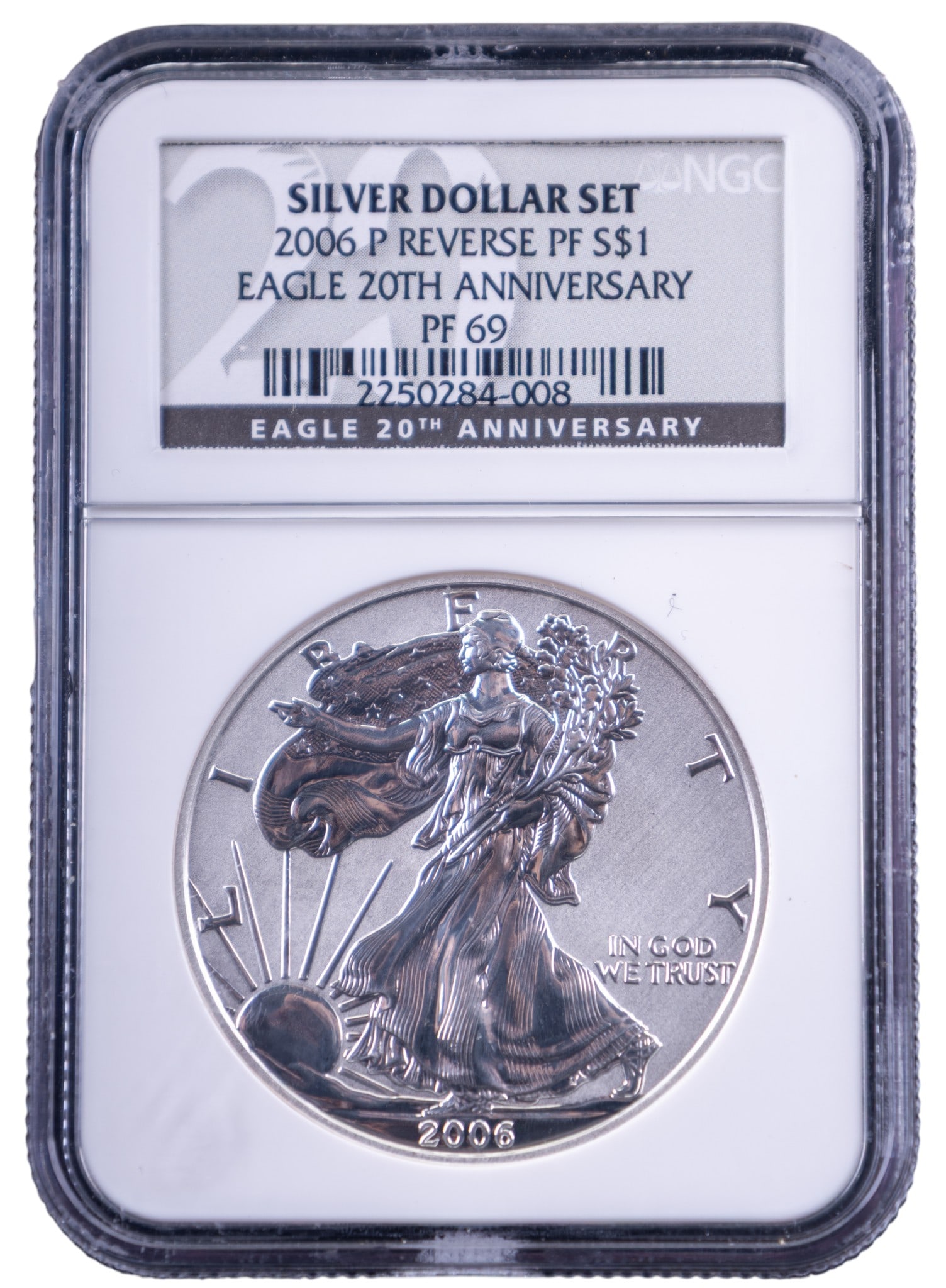 2006-P Silver Eagle Dollar NGC PF69 Reverse Proof: 2006-P American Silver Eagle Reverse Proof $1 coin, graded PF69 by NGC (Numismatic Guaranty Corporation). Released as part of the Eagle 20th Anniversary Silver Dollar Set. Encapsulated in an official