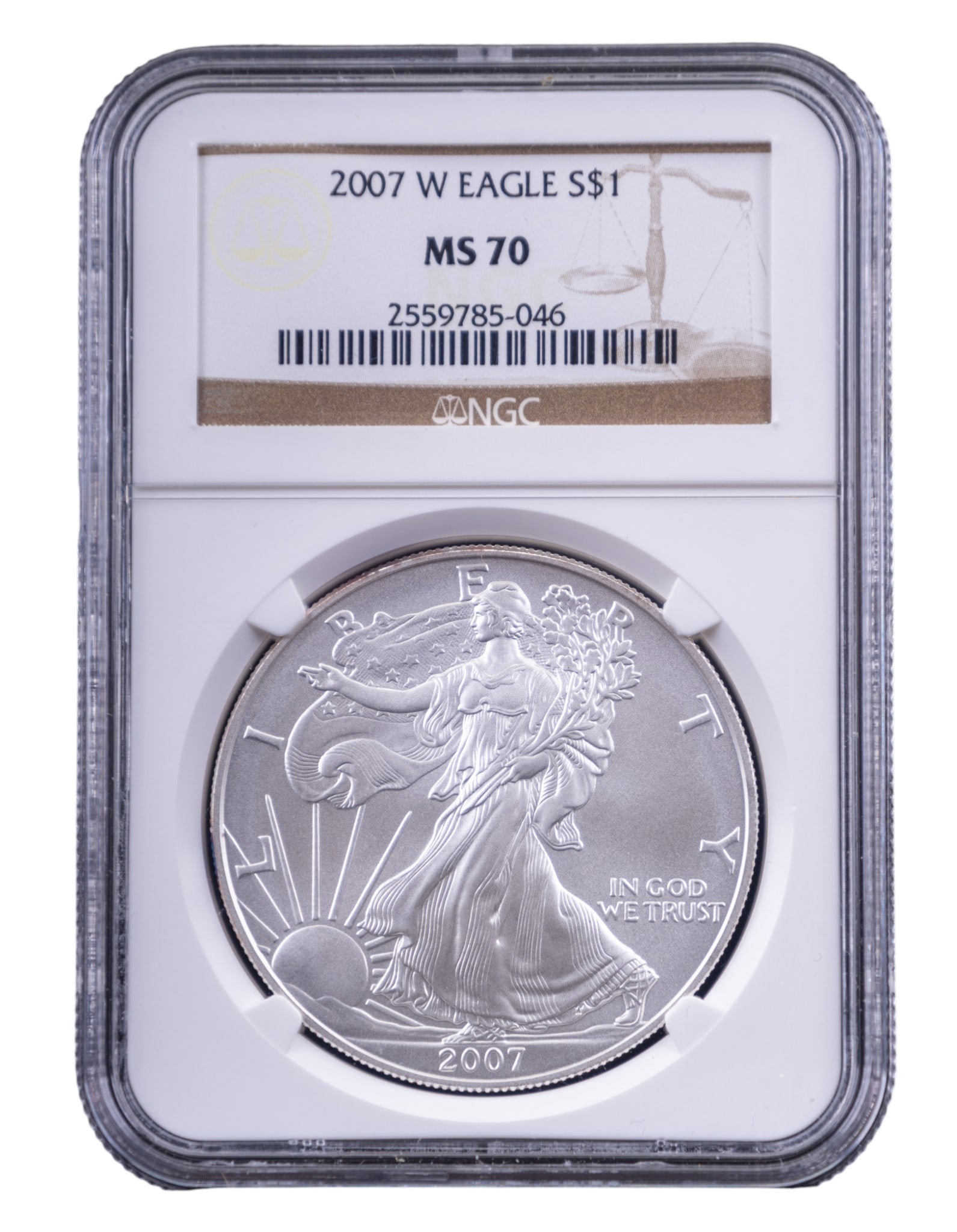 2007-W American Silver Eagle $1 NGC MS70: 2007-W American Silver Eagle $1 coin graded MS70 by the Numismatic Guaranty Corporation (NGC). Features the iconic Walking Liberty design on the obverse and a heraldic eagle on the reverse. Encased in
