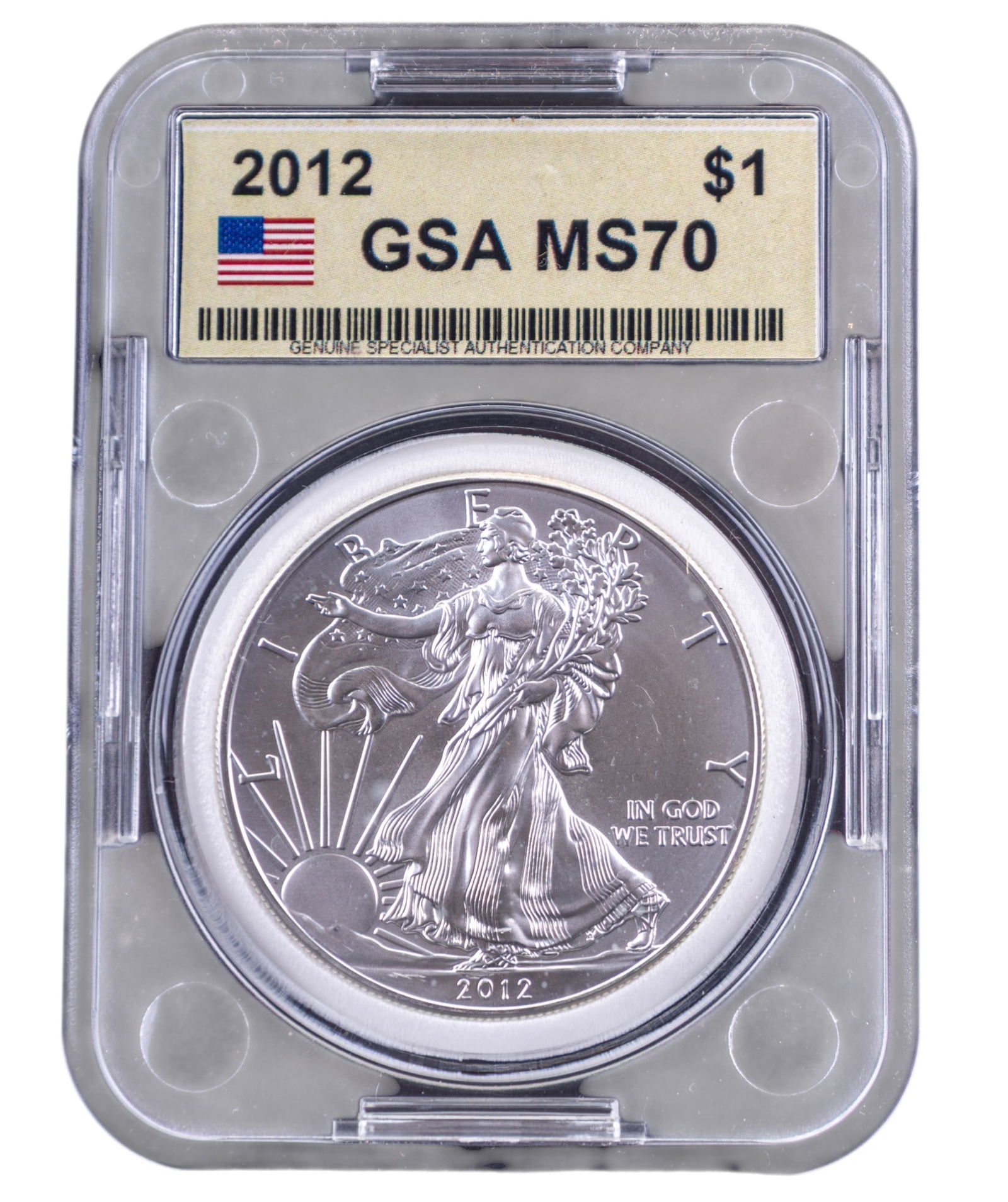 2012 American Silver Eagle Coin, GSA MS70: 2012 American Silver Eagle $1 coin graded MS70 by GSA and encapsulated in a protective case. Features the iconic Walking Liberty design on the obverse and the heraldic eagle with shield on the reverse
