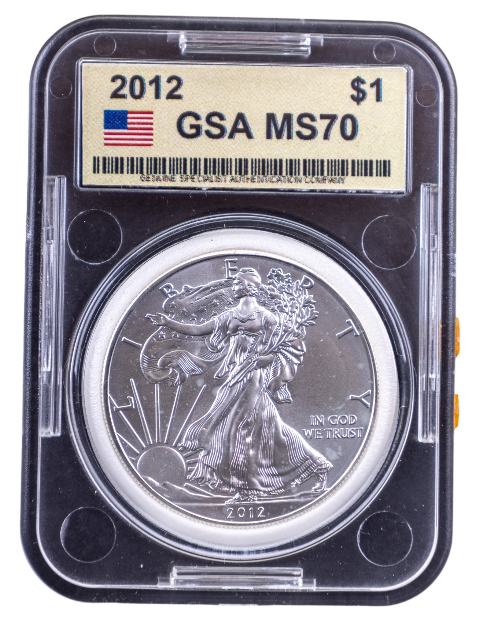 2012 MS70 Graded American Silver Eagle Coin: A 2012 American Silver Eagle coin graded MS70 by GSA, encapsulated in a protective slab. The obverse features Adolph A. Weinman's Walking Liberty design, while the reverse displays a heraldic eagle wi