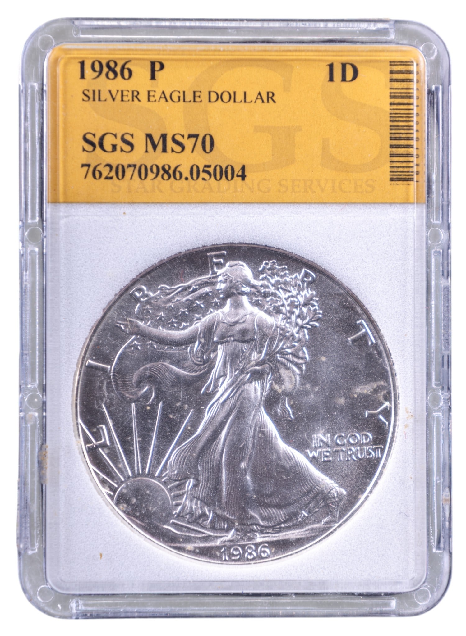 1986-P Silver Eagle Dollar in SGS MS70 Holder: 1986-P American Silver Eagle dollar, struck in .999 fine silver, graded MS70 by SGS (Star Grading Service). Coin is encapsulated in a protective SGS holder with visible serial number 762070986.05004.