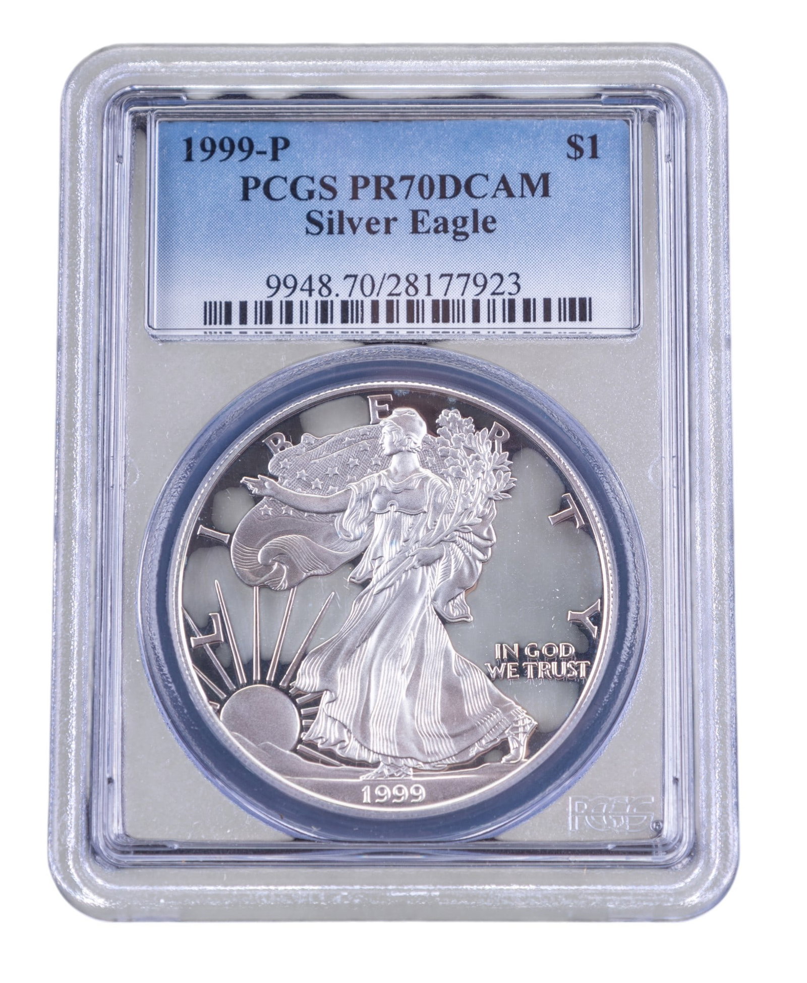 1999-P PCGS PR70DCAM Silver Eagle $1 Coin: 1999-P American Silver Eagle $1 coin, graded PR70DCAM by PCGS. Struck in .999 fine silver with a proof finish, the obverse features Adolph A. Weinman's Walking Liberty design, while the reverse depict