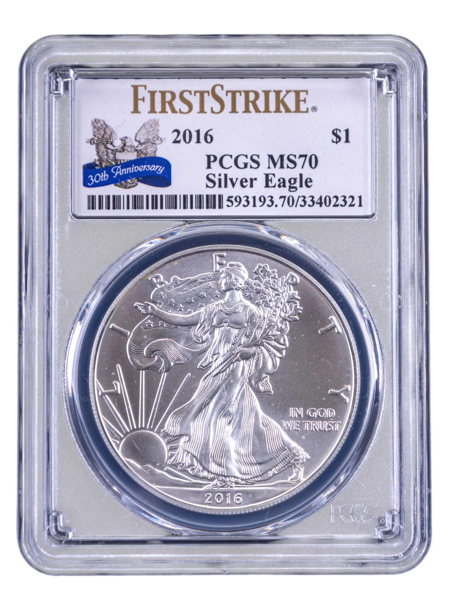 2016 PCGS MS70 Silver Eagle Coin, First Strike: 2016 American Silver Eagle coin, graded MS70 by PCGS. Features the Walking Liberty design on the obverse and heraldic eagle on the reverse. Encased in a PCGS certified holder with a First Strike label