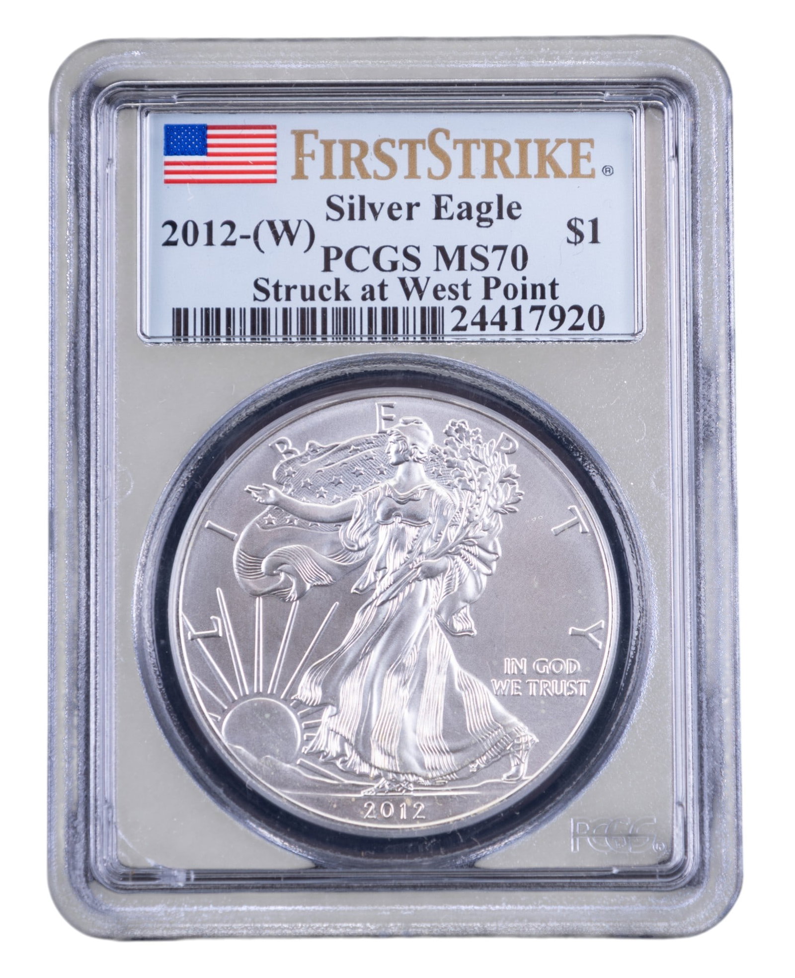 2012-W PCGS MS70 Silver Eagle Coin: 2012-W American Silver Eagle coin graded MS70 by the Professional Coin Grading Service (PCGS). Struck at the West Point Mint, this coin has a face value of $1 and contains 1 troy ounce of .999 fine si