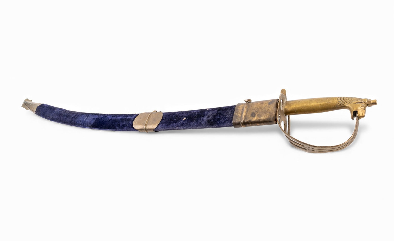 Indian Horse-Head Hilt Decorative Saber: Indian decorative saber featuring a brass horse-head hilt with openwork guard, floral/scroll etched blade marked "Made in India." Includes a blue-velvet wrapped scabbard with brass fittings. Measures