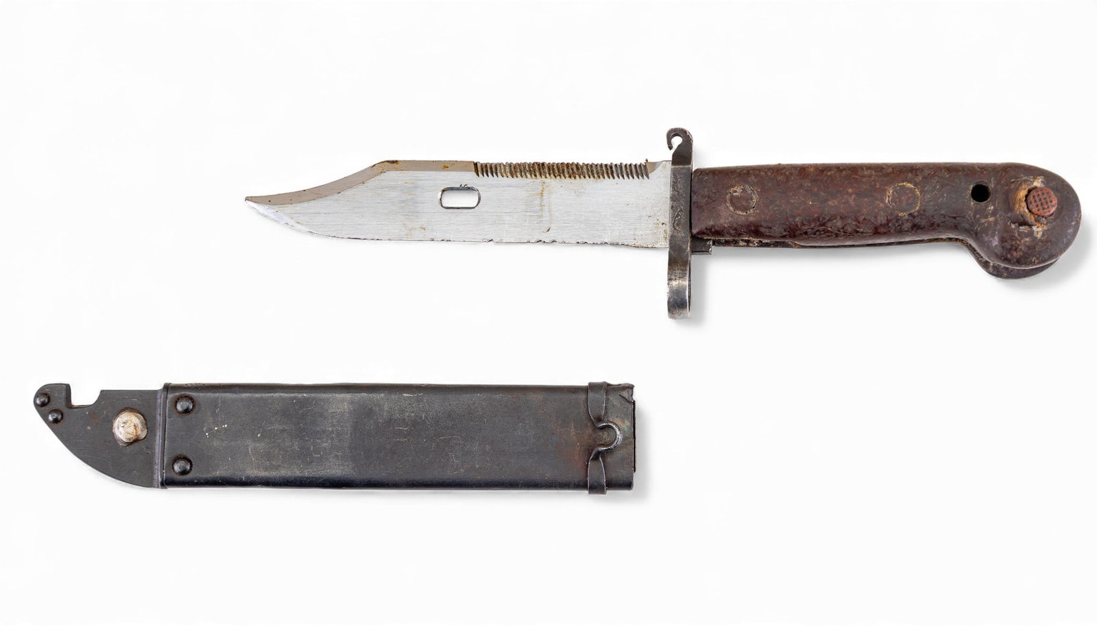 M1959 AK Romanian Bayonet w/ Bakelite Handle: An M1959 Romanian made bayonet blade with Bakelite handle, note wear due to age and use.