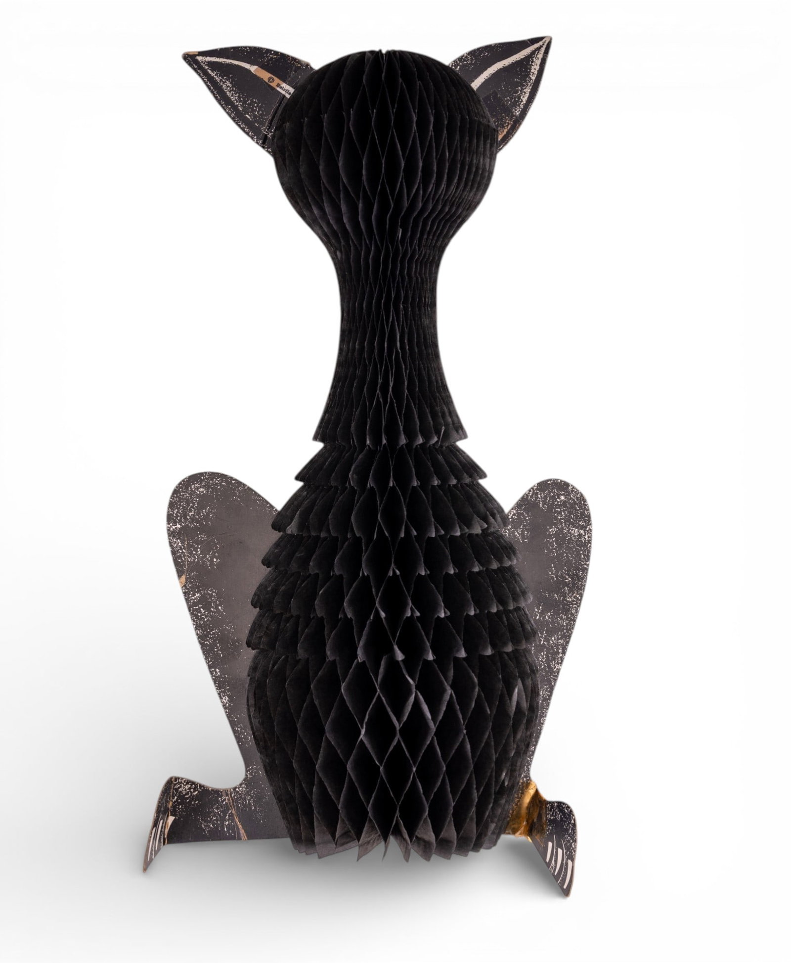 Beistle Black Cat Honeycomb Die-Cut Decoration: Vintage black cat honeycomb die-cut decoration by Beistle. Made of printed cardboard and tissue paper with a collapsible honeycomb design. Features a flattened cardboard head and tail, with the Beistl