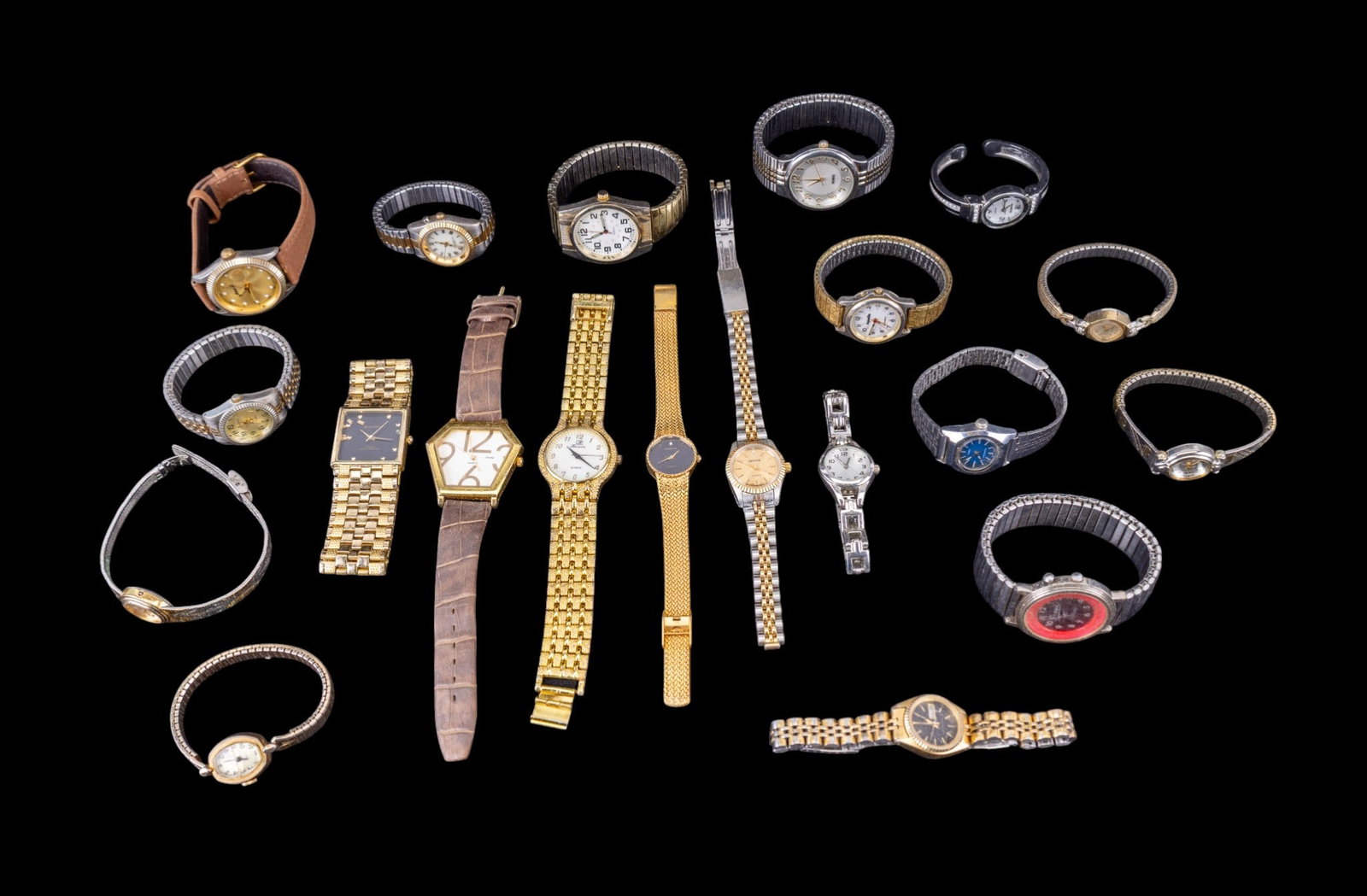 Men's & Ladies Fashion Wrist Watches: A collection of 20 men's and ladies fashion wrist watches including Geneva, Fossil, Bijou Terner, Sarah Coventry, and others.