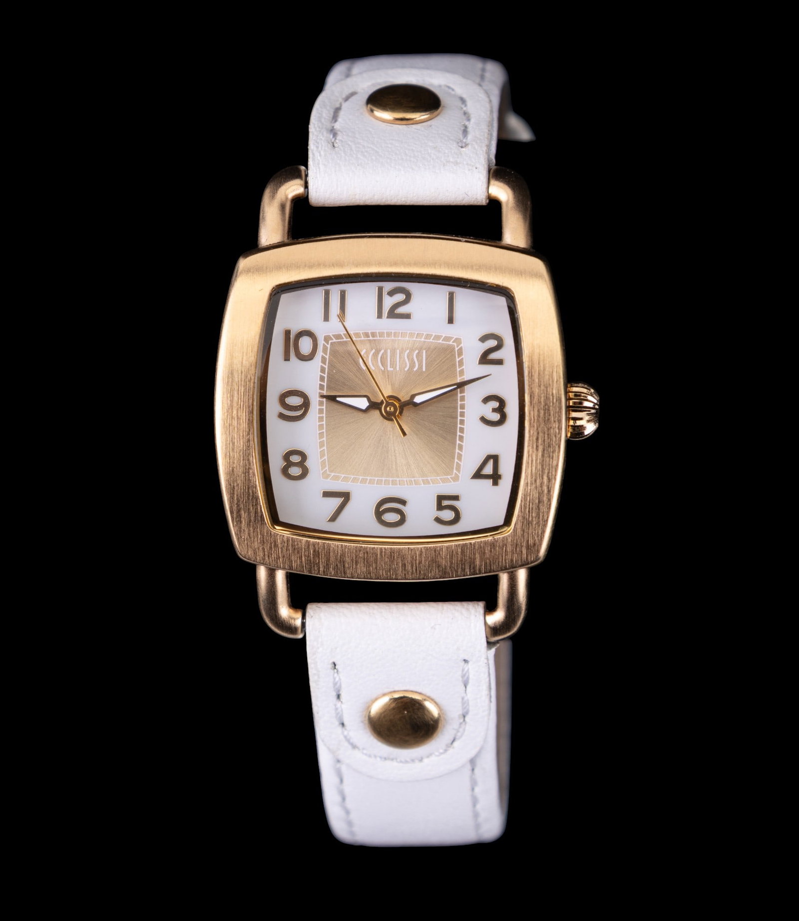 Ecclissi Wrist Watch with Leather Band: Ecclissi gold tone wrist watch with white leather band, # 80246.