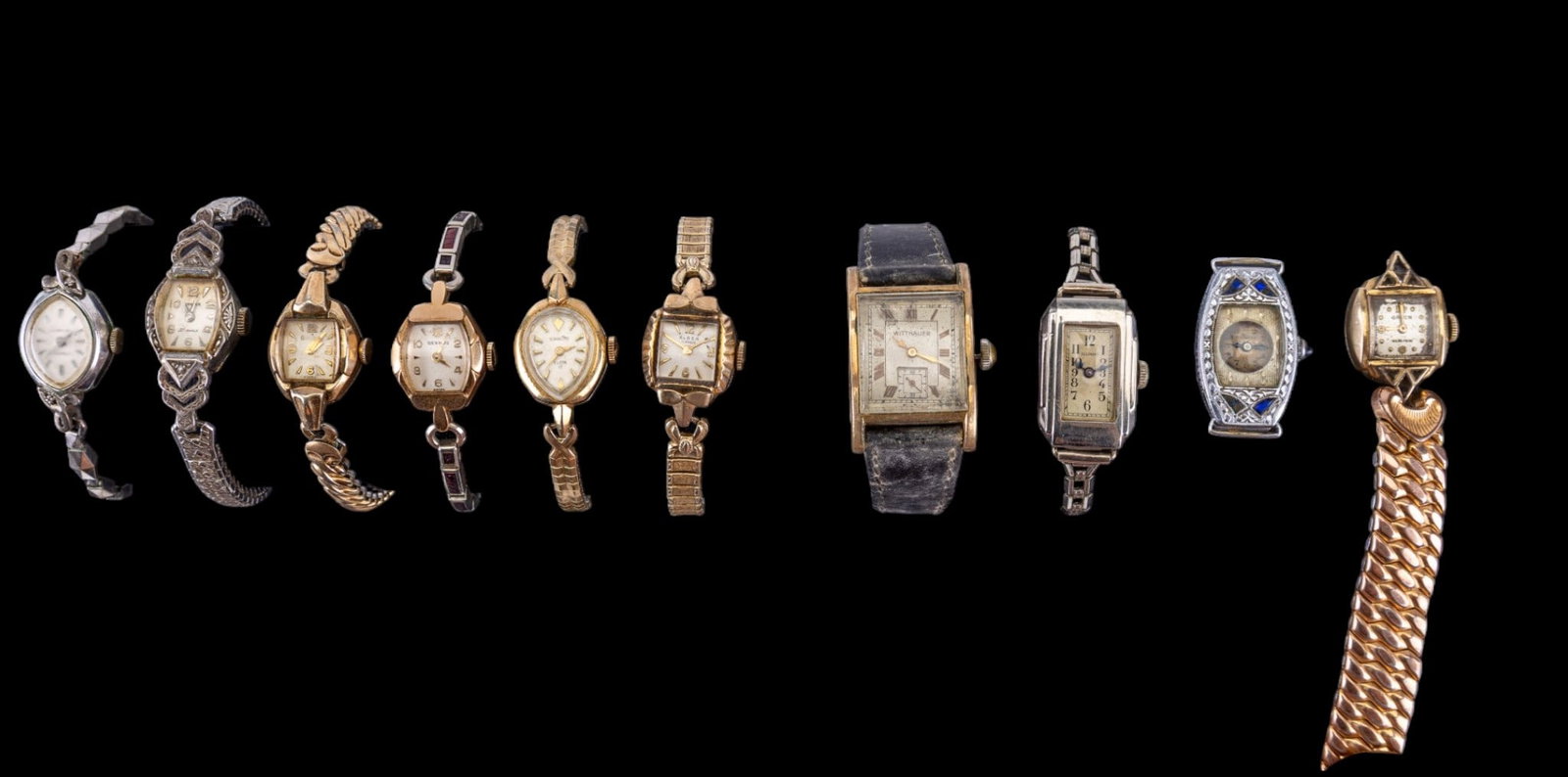 Antique and Early Gold Filled and Plated Watches: Art Deco Bulova movement and case #0105806, Gruen 10K RGP bezel case #C737044, Bulova L4 10K RGP bezel #564920Ladies Elgin 7 jewel movt #36316343 in a Keystone10K GF case #19706, on a string band with