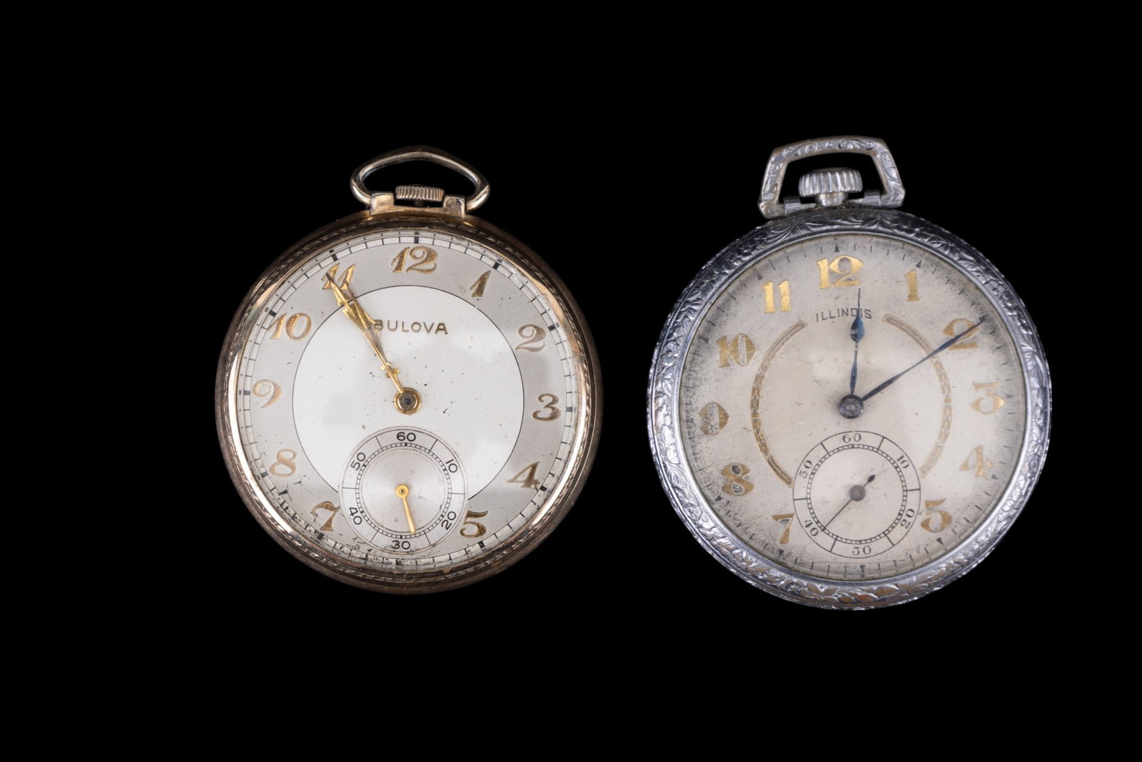 Bulova and Illinois Pocket Watches: A Bulova 17 jewel pocket watch in a 10K RGP case and an Illinois 17 jewel pocket watch in an etched Empire Emperor case, both with etched metal 1.5" diam dials. Names and style/edition numbers as seen