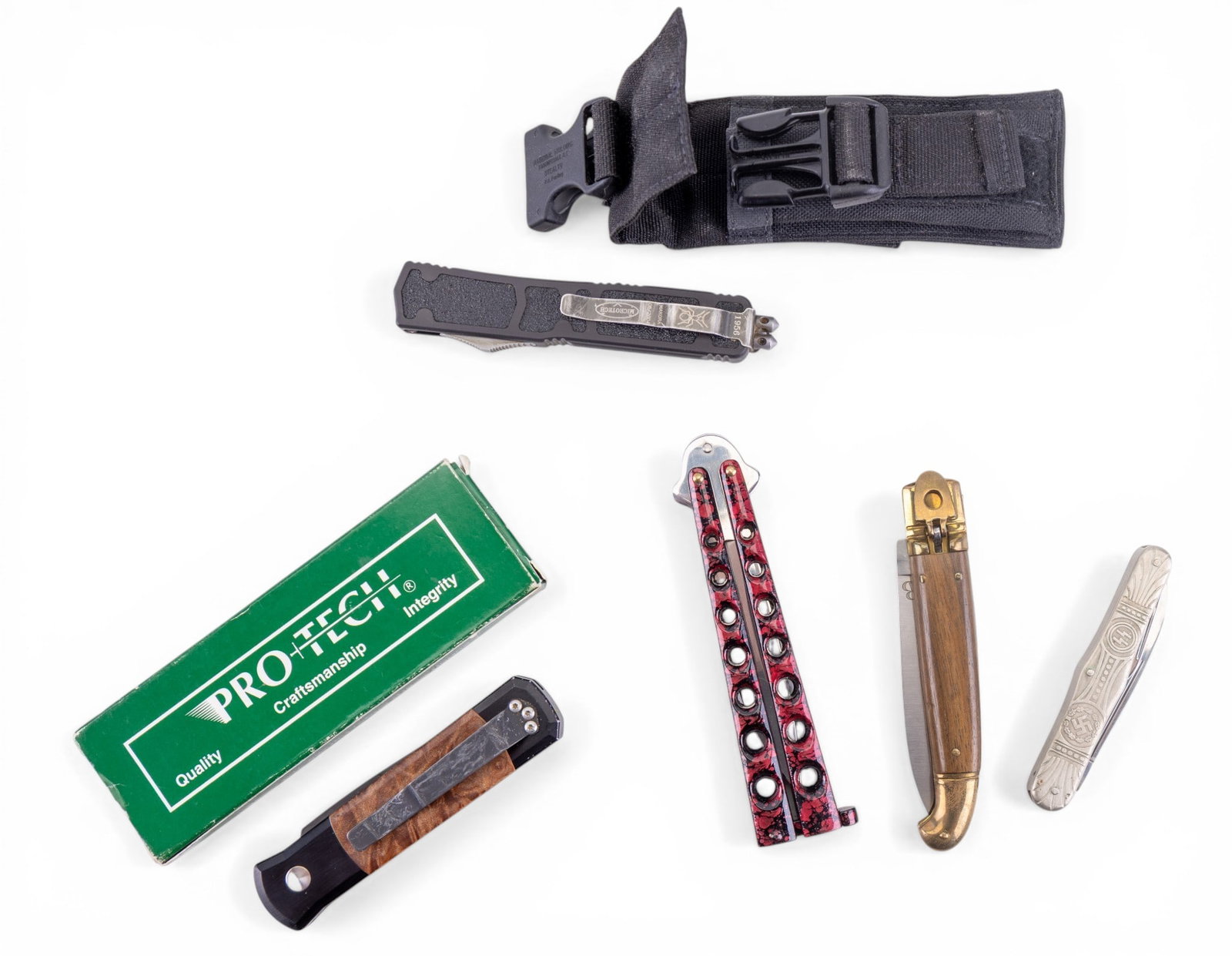 Contemporary Pocket, Other Knives w/Altafront: A collection of self defense items including Microtech 1956 Makora double-action OTF with carrier pouch, red Rostfrei flip knife, Pro-tech 707 Godson knife w/ OB, Italy AF / Altafront marked switchbla