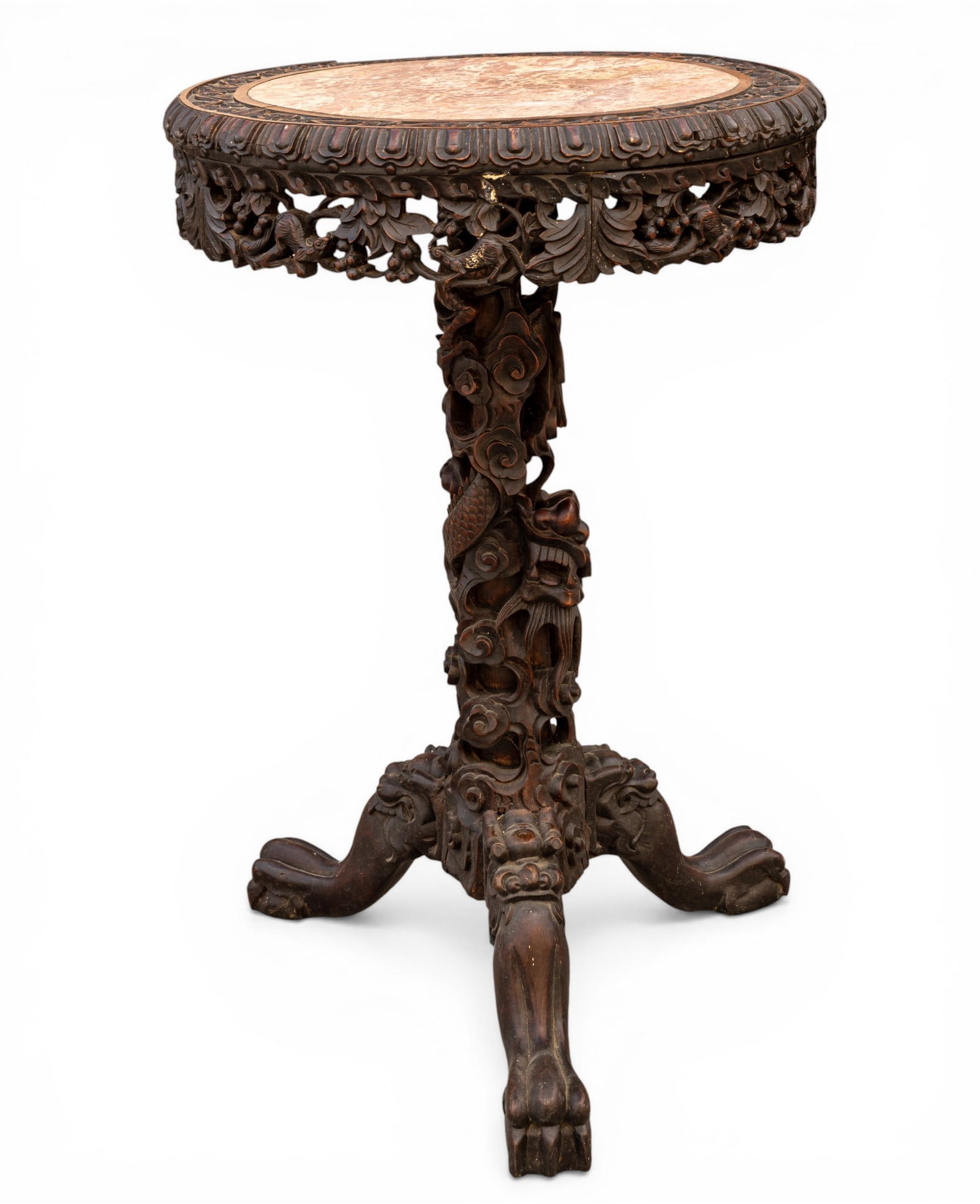 Chinese Carved Hardwood Marble Top Table (1 of 11)