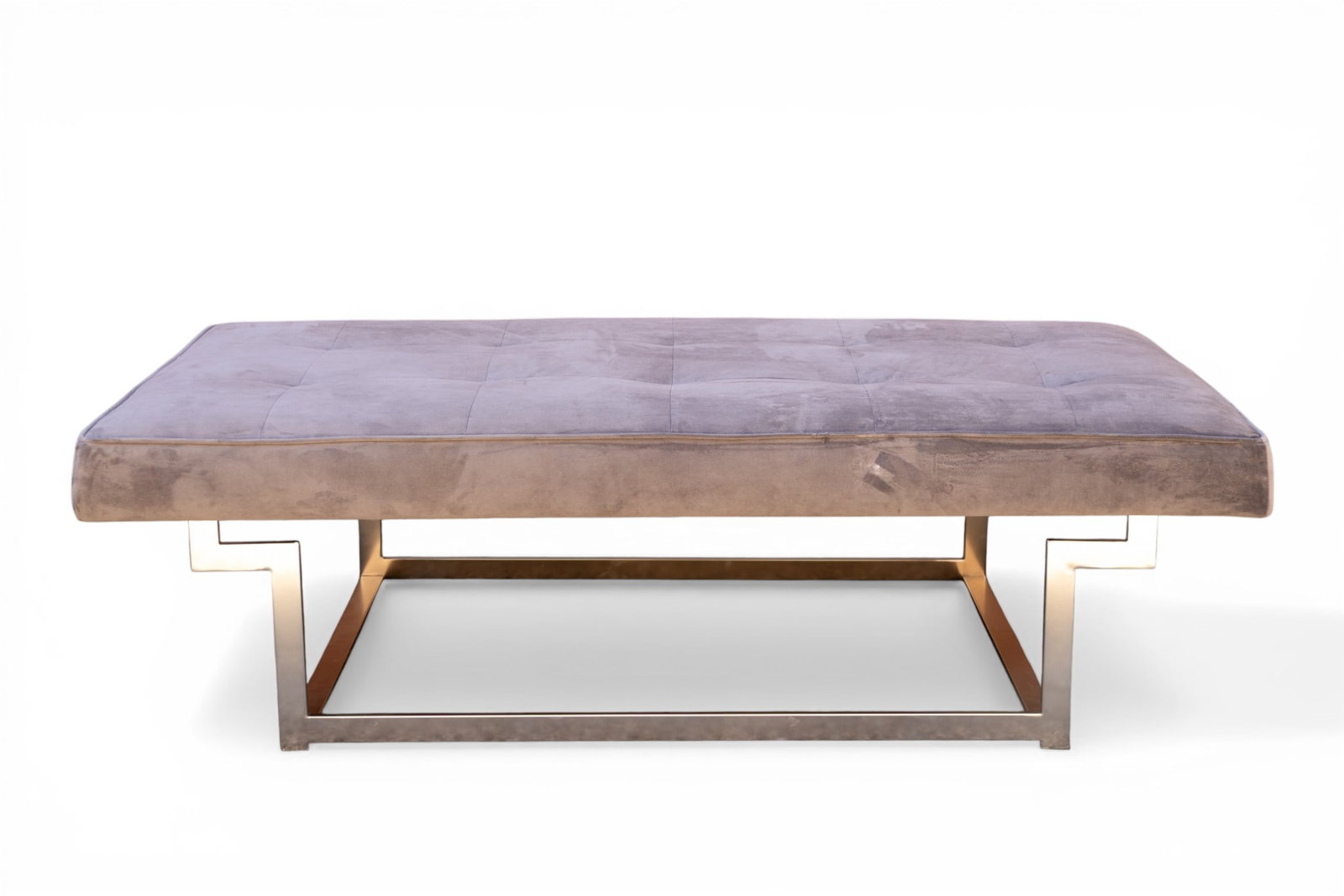 Modern Chrome Upholstered Bench: A quality modern design chrome framed bench featuring a grey micro suede cushioned and upholstered top, measures approx. 58" W x 31" D x 17" H. Special considerations will need to be made for pick up/