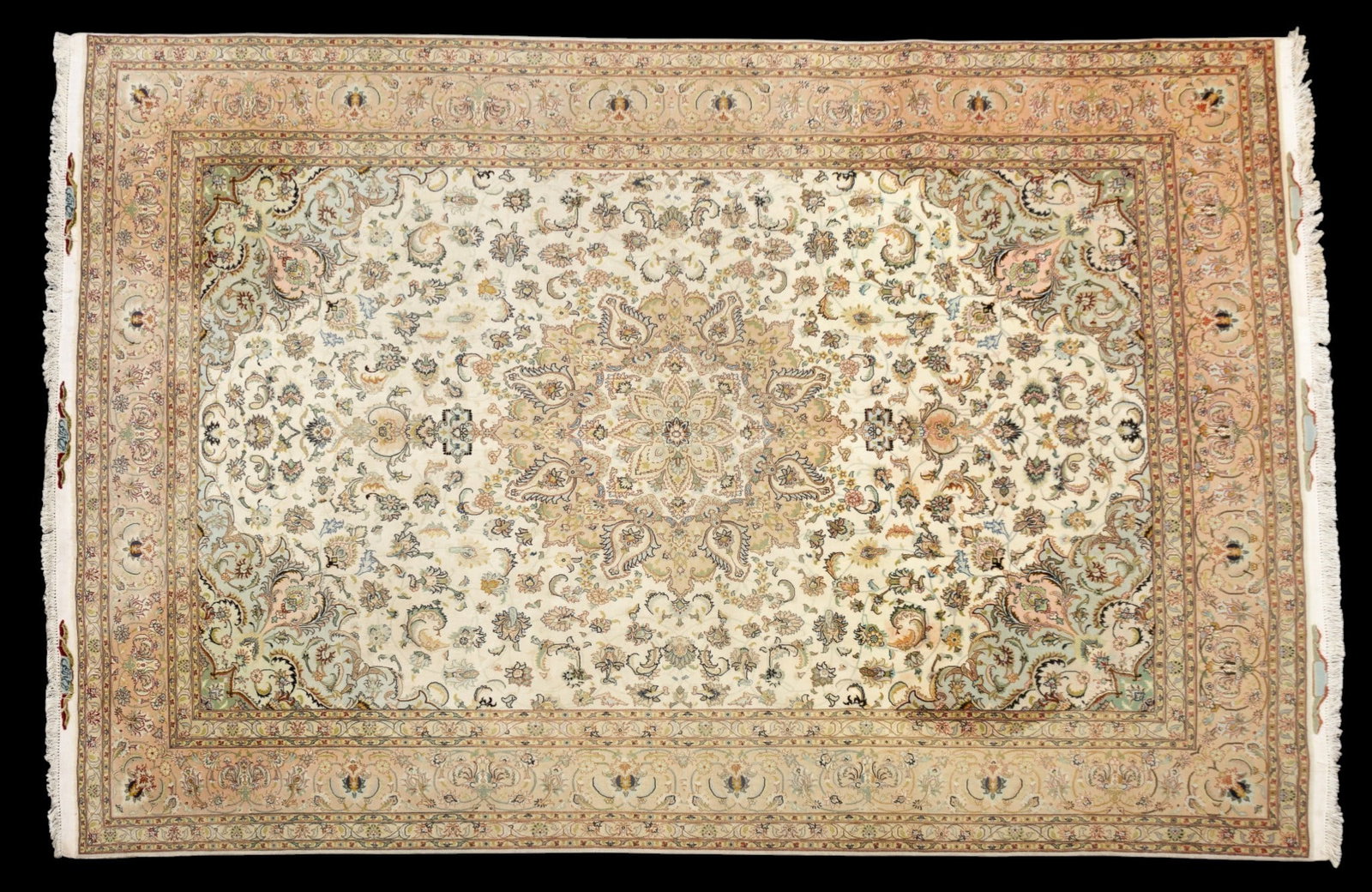 Fine Room-Sized Signed Tabriz Rug: Fine quality room-sized Tabriz rug, wool and silk blend construction. Rug is signed and well kept pre-owned condition. Measures approx. 8' x 11'9".