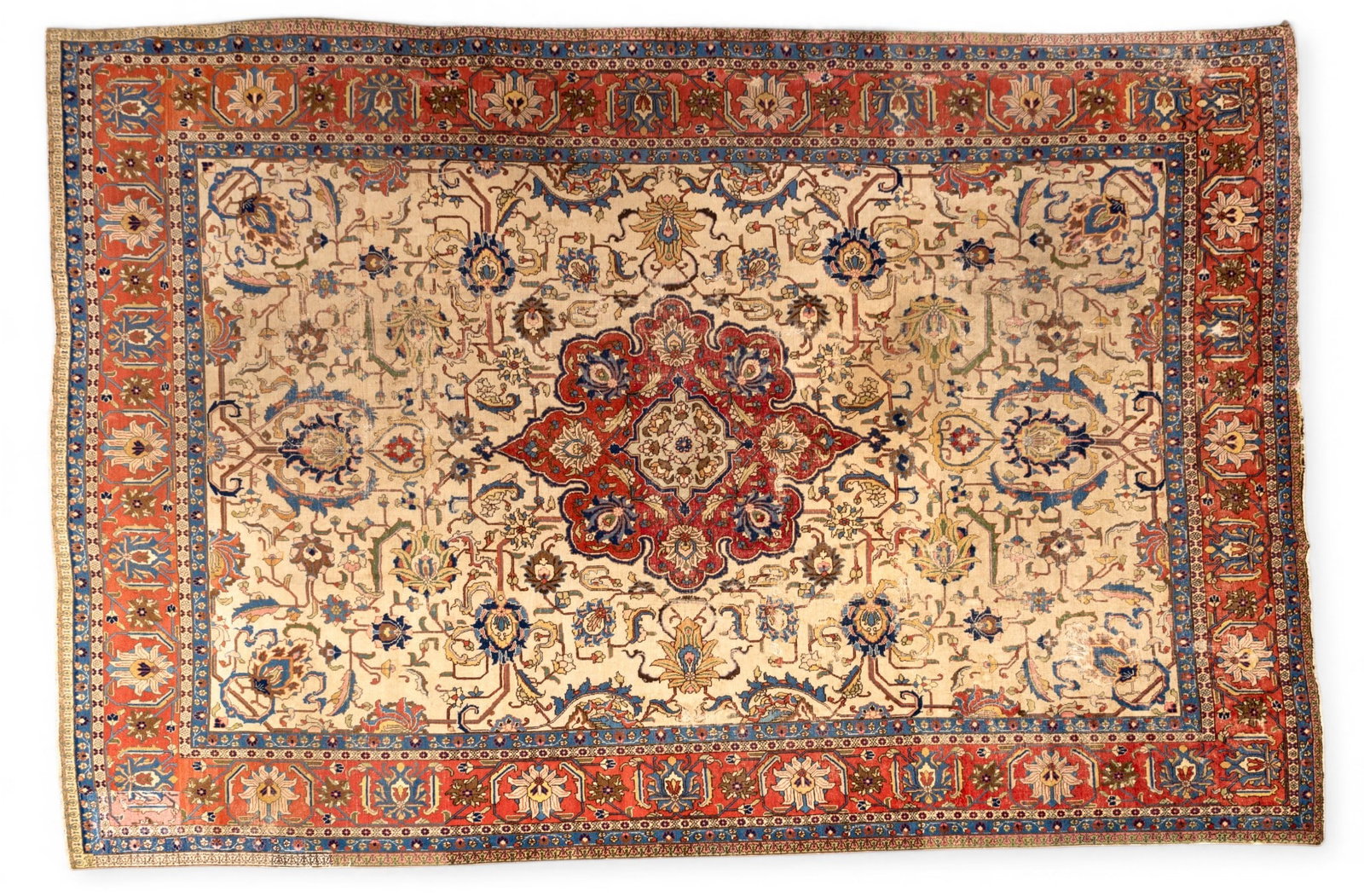 Antique Room-Sized Area Rug: Antique room-sized area rug with unusual design. Some pile loss as seen in photos. Measures approx. 10' x 13'4".