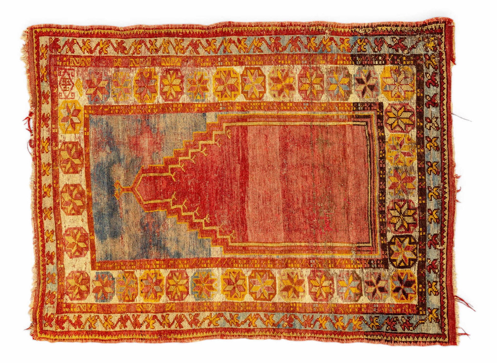 Antique Anatolian Turkish Prayer Rug: Antique Anatolian Turkish prayer rug. Some discoloration as seen in photos. Measures approx. 3'5" x 4'5".