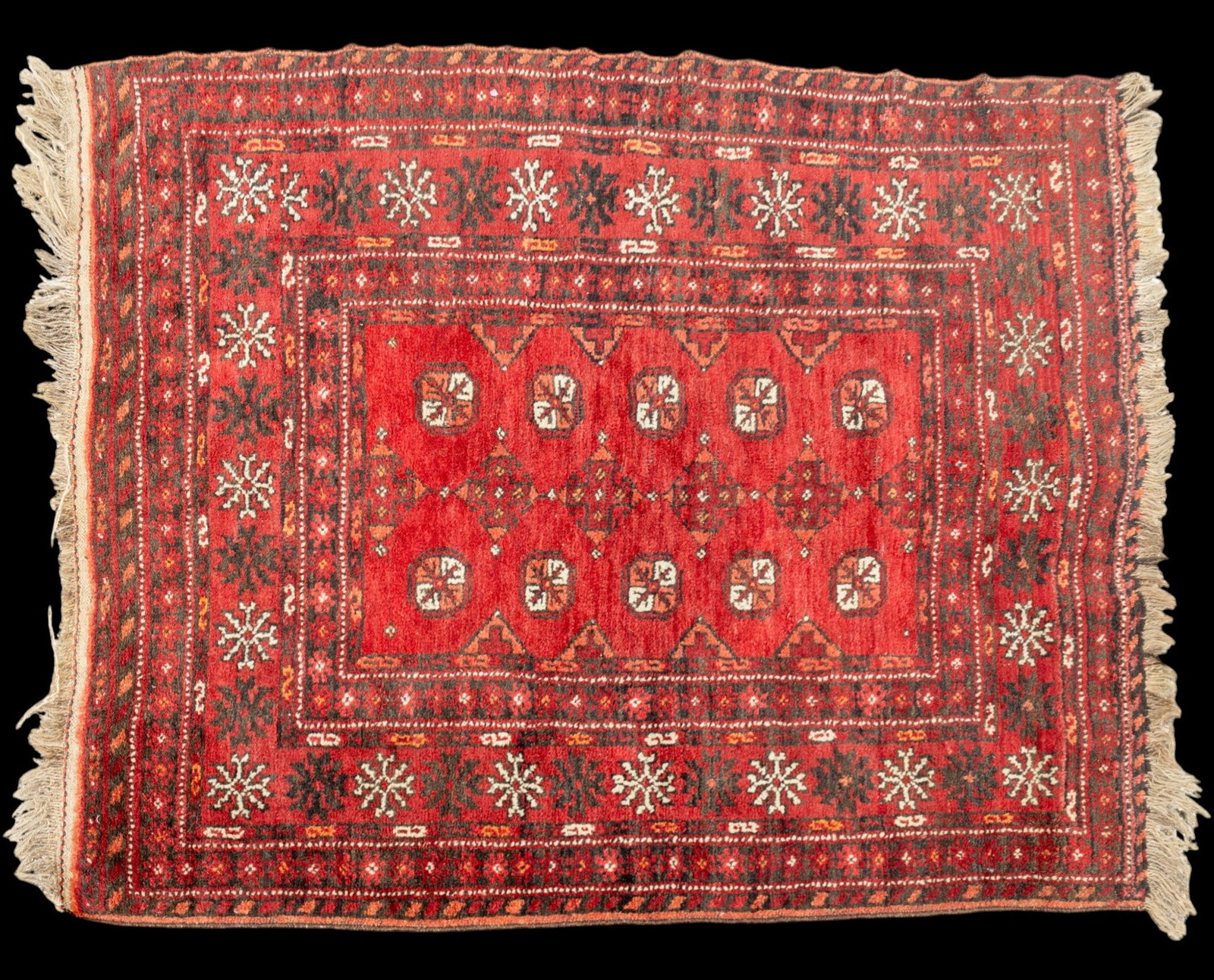 Antique Bokhara Area Rug: Antique Bokhara area rug, some minor loss but overall well kept for age. Circa 1850. Measures approx. 3'7" x 4'2".