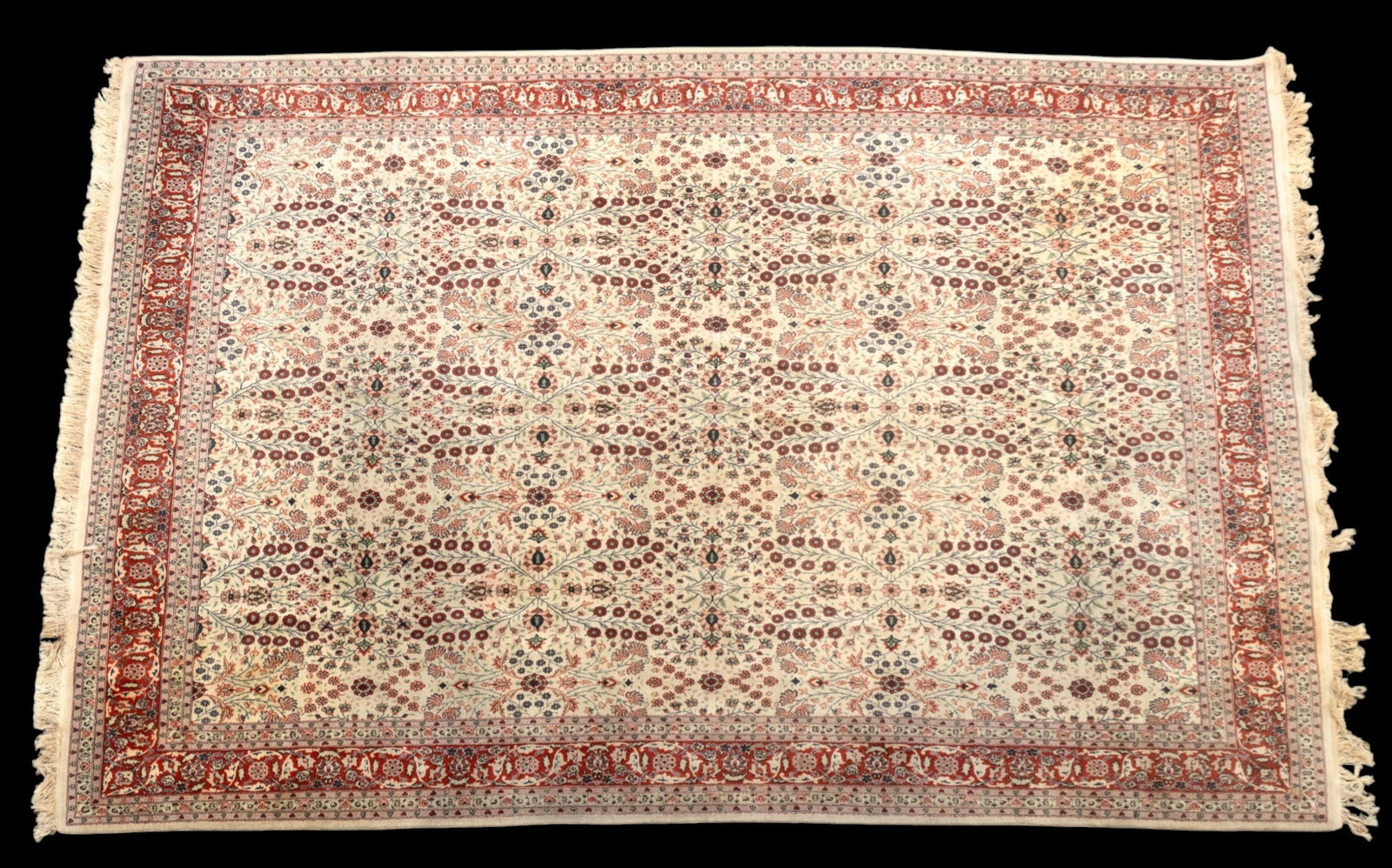 Hand-Knotted Room-Sized Area Rug: Hand-knotted, room-sized area rug. Some staining, discoloration, and fringe loss (see photos). Overall well kept and good condition. Measures approx. 9' x 13'3".