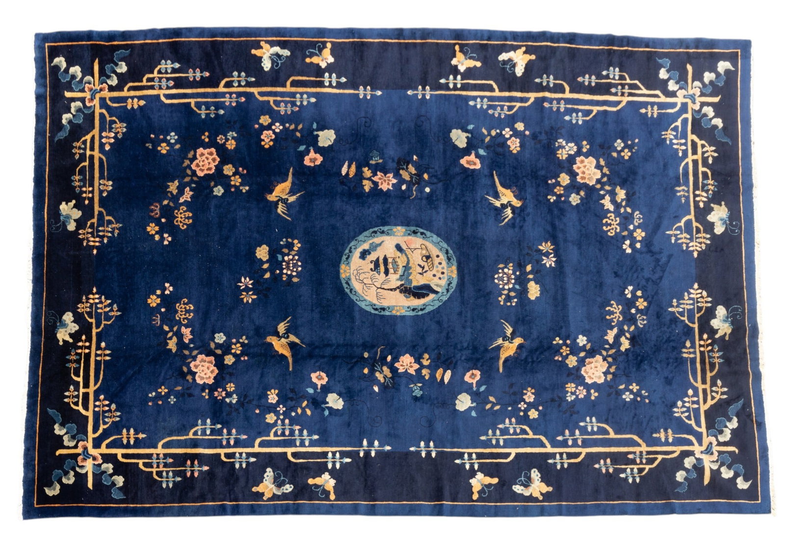 Room-Sized Chinese Wool Rug: Large Chinese wool area rug. Some fringe loss and staining (see photos). Overall good pre-owned condition. Measures approx. 10'3" x 14'8".