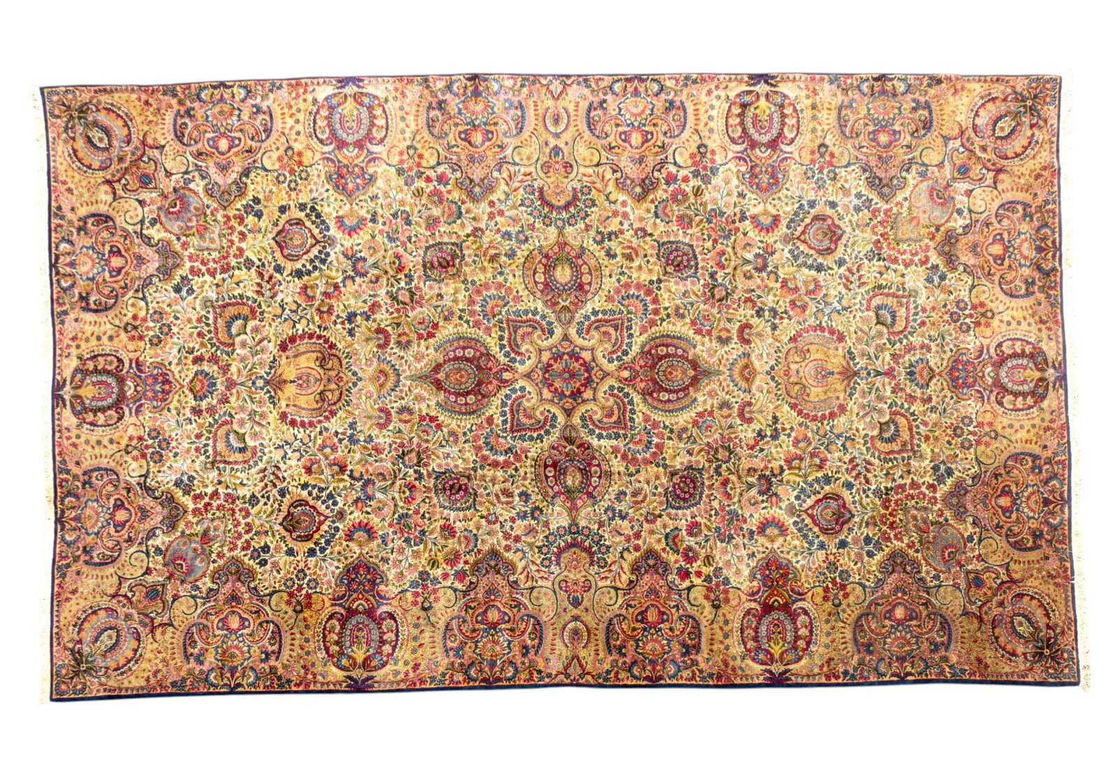 Persian Kirman Area Rug: Room-sized Persian Kirman wool rug. Very good pile and good fringe. Measures approx. 11'9" x 20'1".