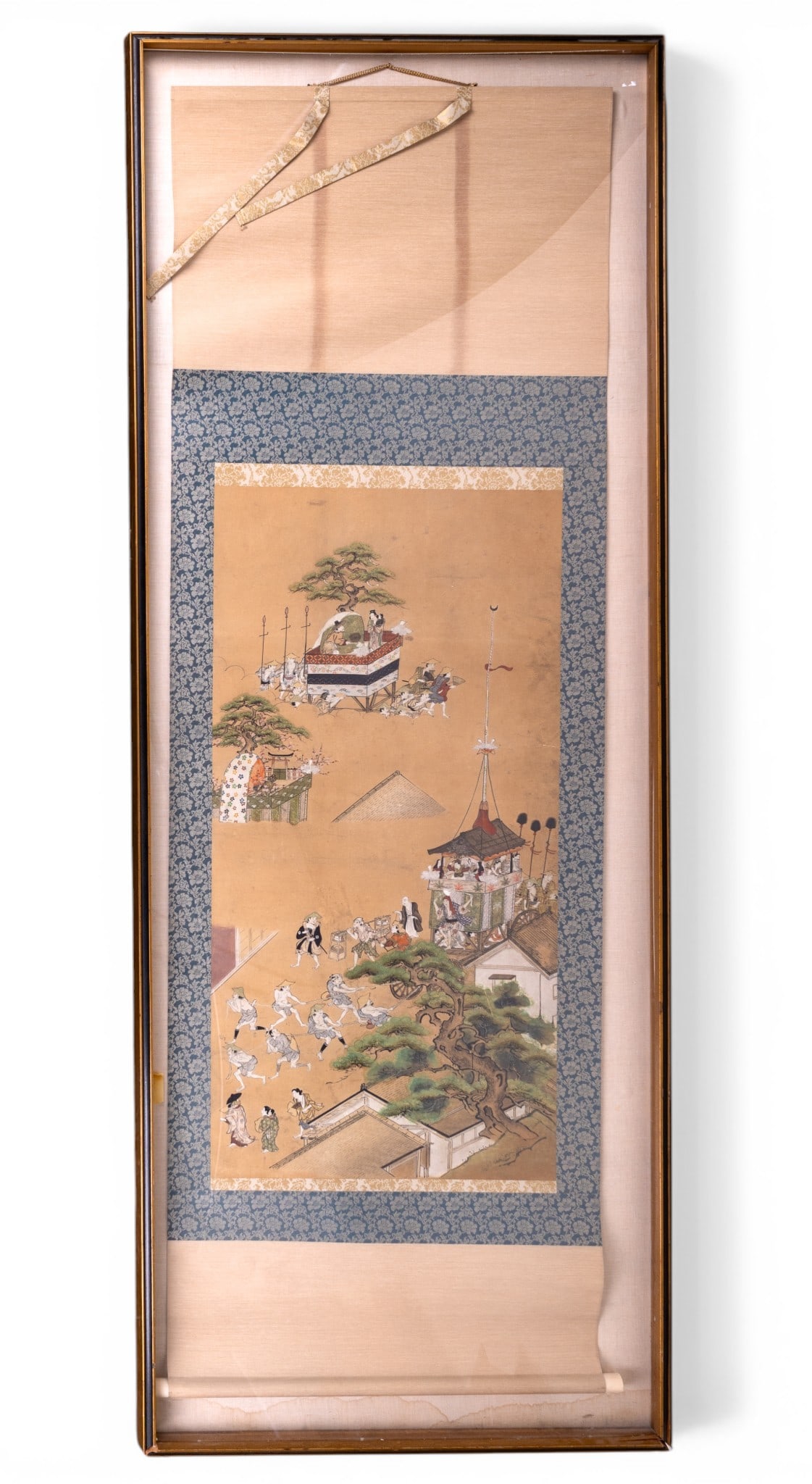 19th C Japanese Framed Silk Scroll ~7'H: A 19th C Japanese oversized hand painted silk scroll, measures approx. 33" W x 83" H framed. Textile. Special considerations should be made for pick up/shipping. NEW BUYERS MAY NOT PAY WITH CREDIT OR
