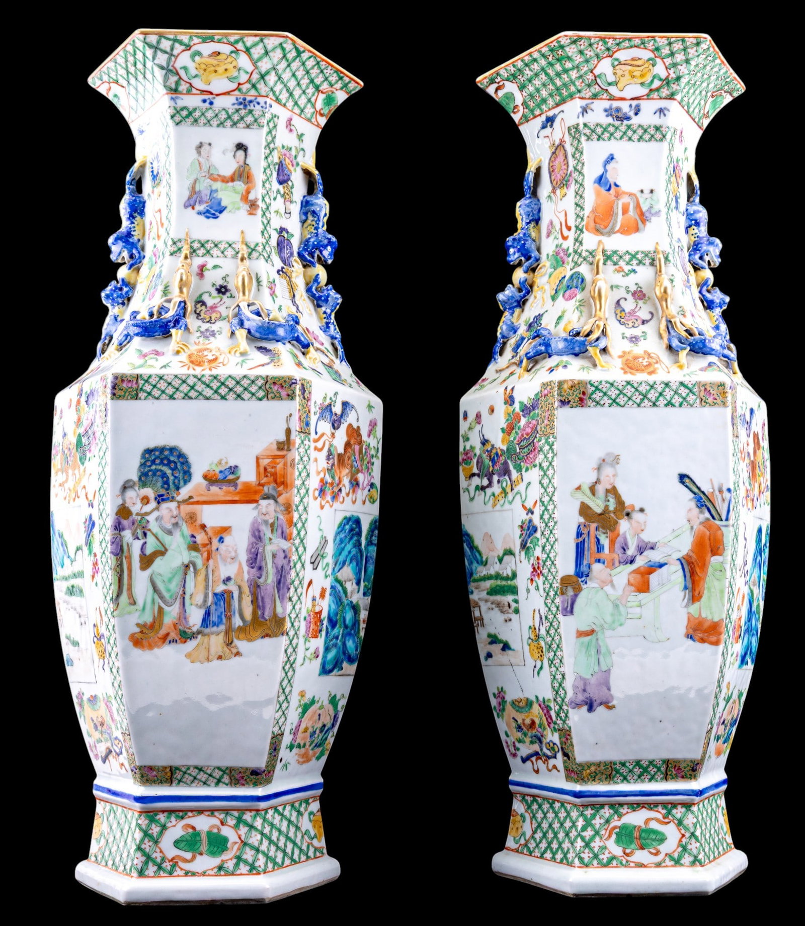 Chinese Porcelain Famille Rose Lozenge Vases(2): A pair of Chinese Famille Rose porcelain lozenge vases depicting the eight immortals, florals, butterflies, and figural dragon handles. Note some paint loss and one handle repair, both measure