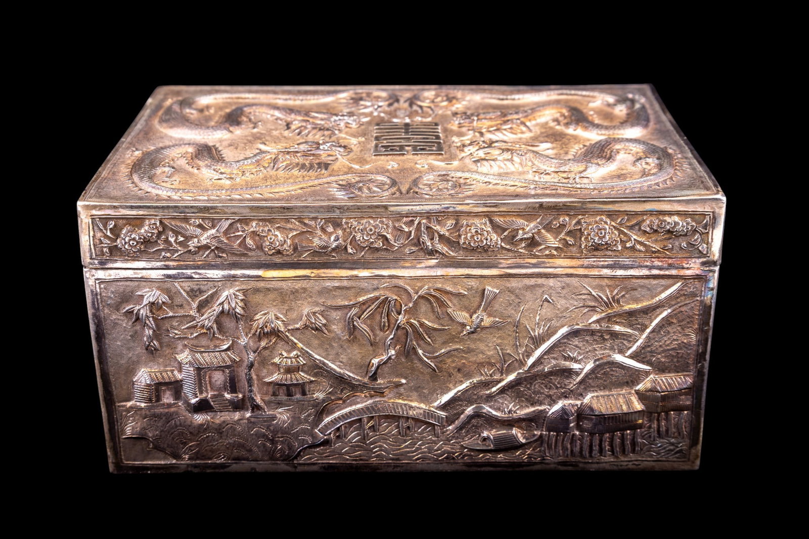 Chinese Silver Box w/ Dragons & Figural Panels (1 of 9)