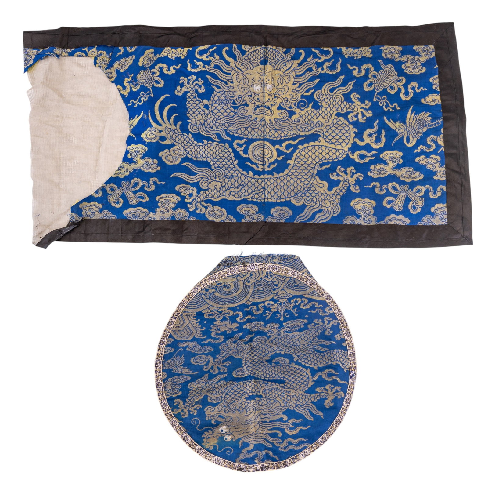 Early Chinese Embroidered Silk Panels: A circular Chinese silk embroidered panel depicting a gold thread dragon on a dark blue ground, diam. measures approx. 13", and a matching incomplete rectangular panel, measures approx. 29" W x 15" H.