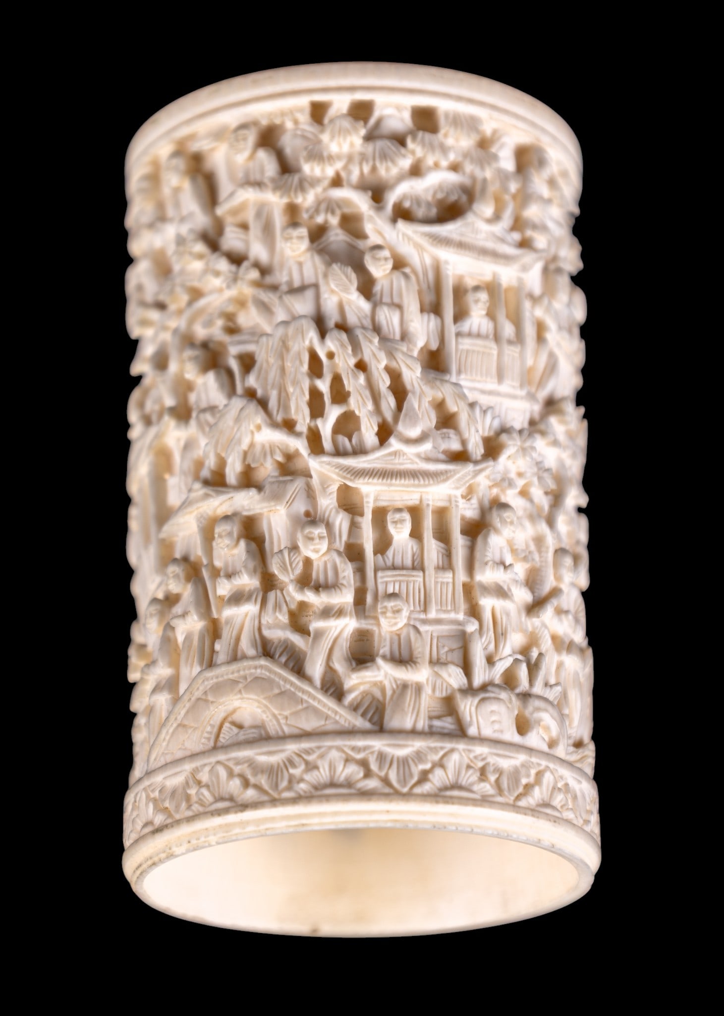 Chinese Carved Natural Material Brush Pot: A Chinese carved natural material brush pot depicting many people in a village scene, note no bottom, measures approx. 2" diam. x 3.5" H. MUST BE SOLD IN PA ONLY- Item can only be sold to