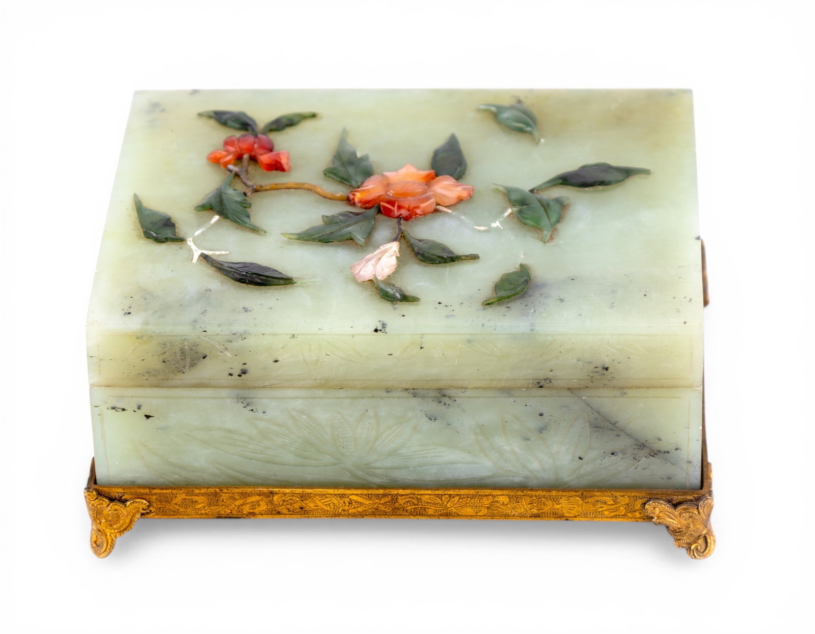 Chinese Abraded Jade Jewelry Casket: A fine Chinese abraded jade jewelry casket with brass footed base and carved carnelian flowers, measures approx. 5.5" W x 4" D x 2.5" H.
