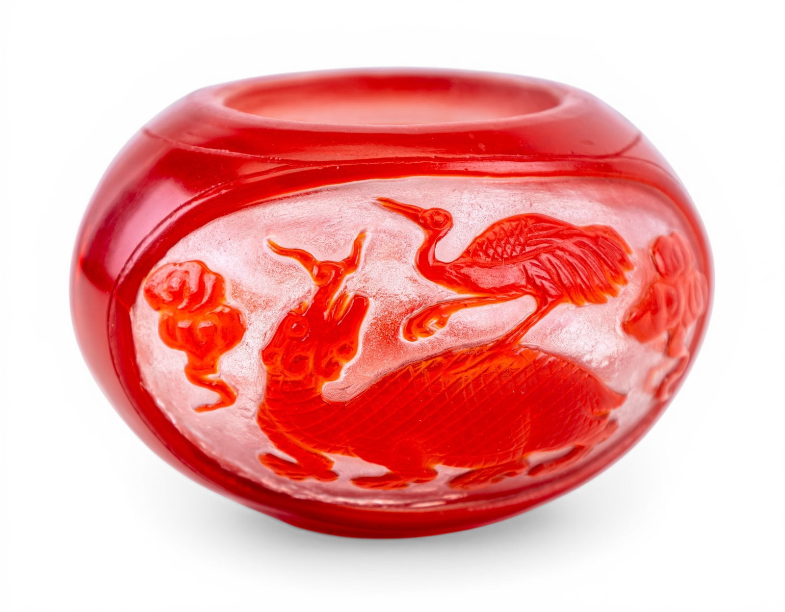 Chinese Red Cut to Clear Peking Glass Jar: A small red cut to clear Chinese Peking glass jar, measures approx. 3.25" diam x 2.25" H. Note hairline on the interior.