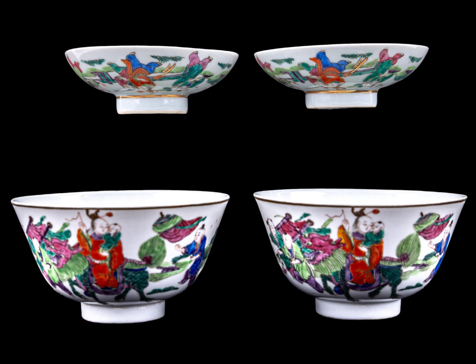 Chinese Famille Rose Lidded Rice Bowls: A pair of Chinese Famille Rose porcelain lidded rice bowls depicting people traveling and children playing, featuring a four character chop mark.