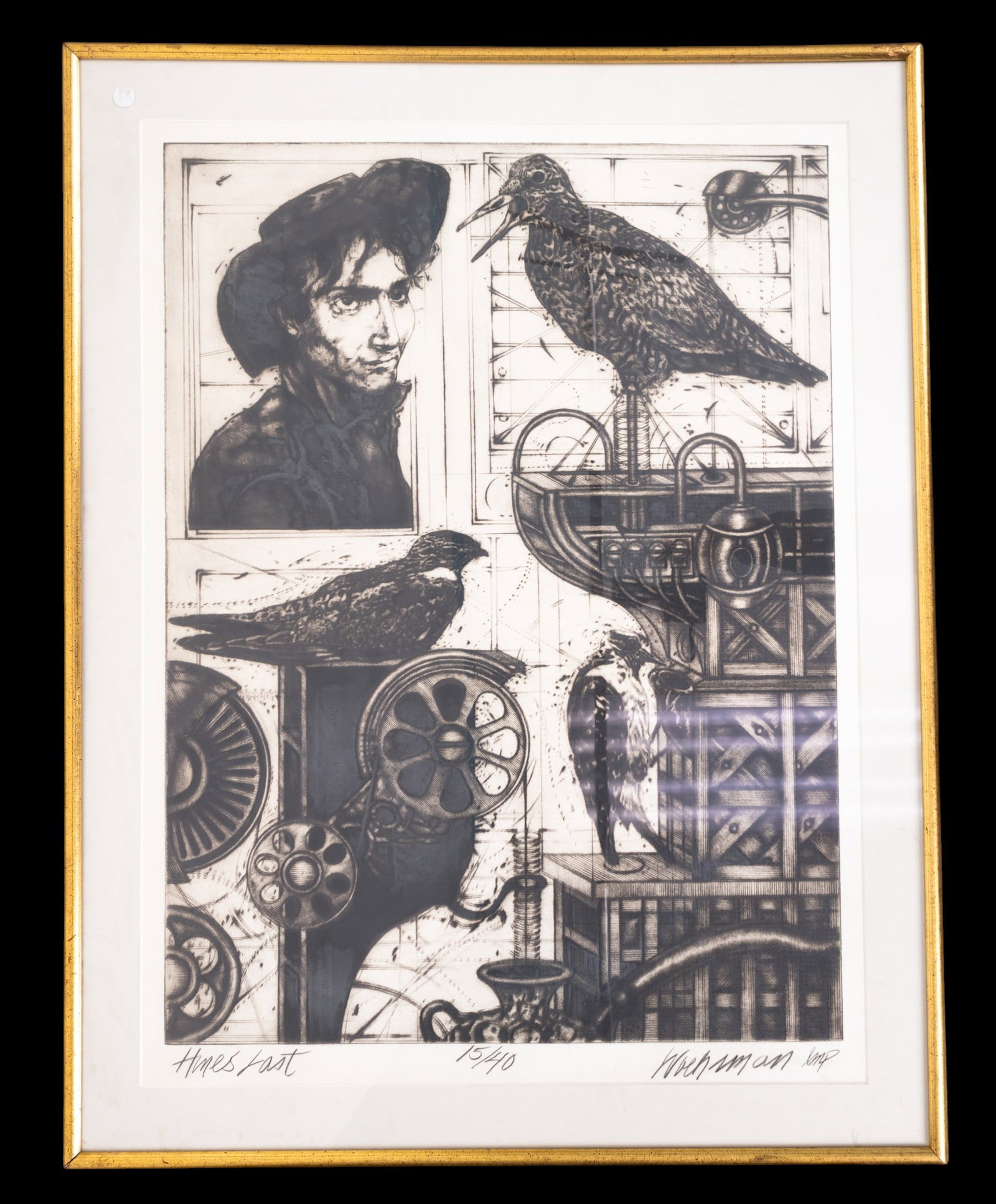 Pencil Signed Ltd Ed Artwork w/ Birds: Charcoal pencil signed 15/40 impressive size rendering Woehuman, artist's impression titled Hines Last with large bird renderings, film reels and astute attention to detail. Framed, OB ~30" x 40".
