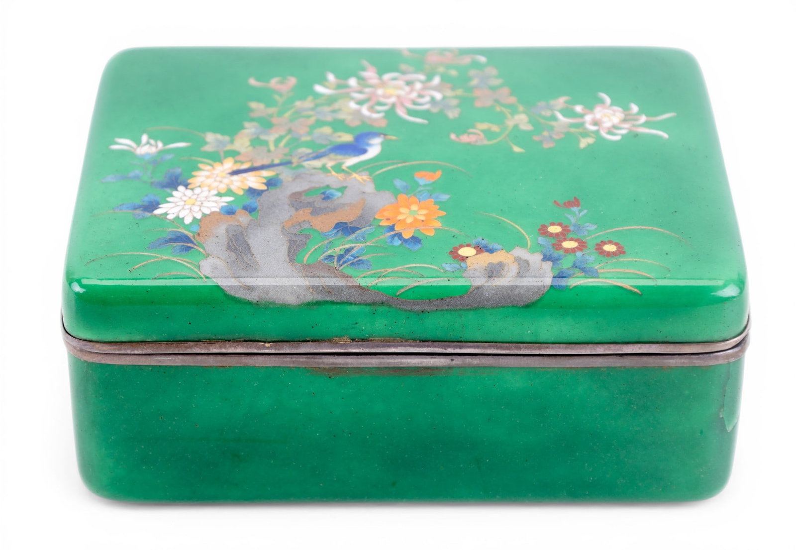 Chinese Enamel Decorated Box w SIlver Rim, Signed (1 of 8)