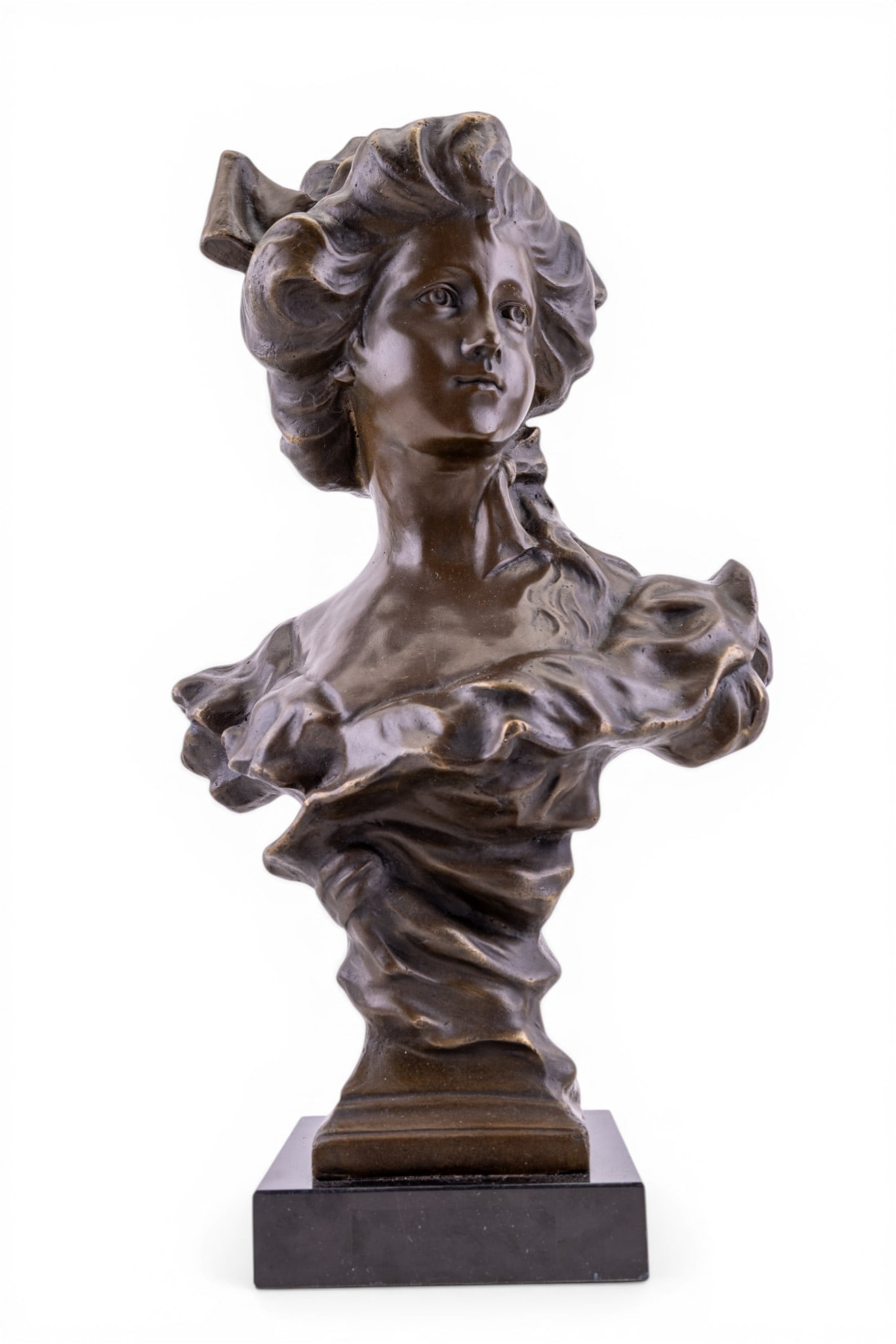 Solid Bronze Bust of Woman, Thomas: Bronze bust depicting a young woman in 19th century attire, shown with flowing hair and draped garment, mounted on a black plinth base. Signed Thomas to reverse. Measures approx. 21" H. Weighs
