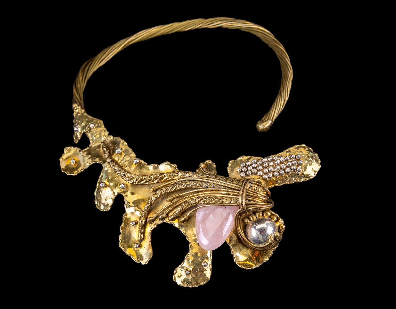 Gold Tone Brutalist Necklace with Rose Quartz (1 of 4)