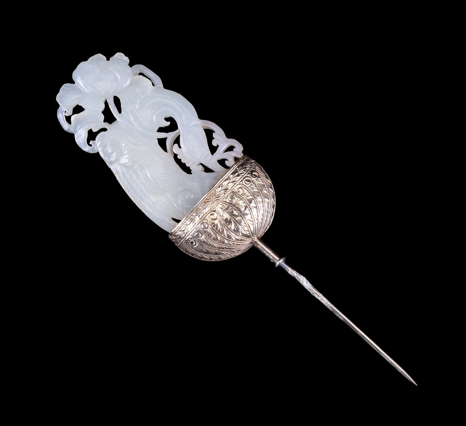Chinese Jade and Silver Stick Pin: A fine reticulated jade and silver stick pin, measures approx. 4" H.
