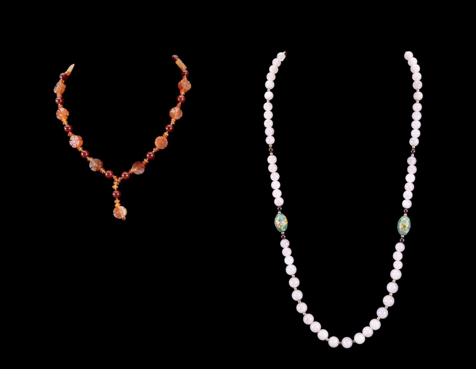 Rose Quartz & Carnelian Necklaces: A fine rose quartz and cloisonne bead necklace with sterling box clasp, approx. 13.5" on the drop, and a carved flower carnelian bead necklaces, approx. 7.5" on the drop.