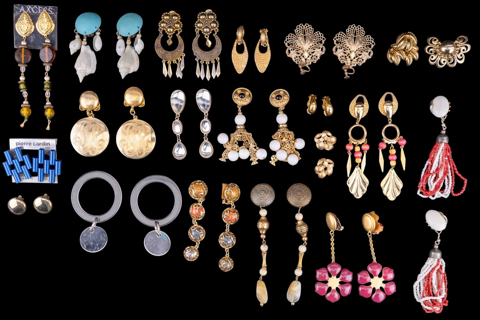 Large Estate Earring Collection: Includes a massive variety of 80's, 90's, and earlier clip earrings; of note: large seashell clips, goldtone, Pierre Cardin clips, and others.