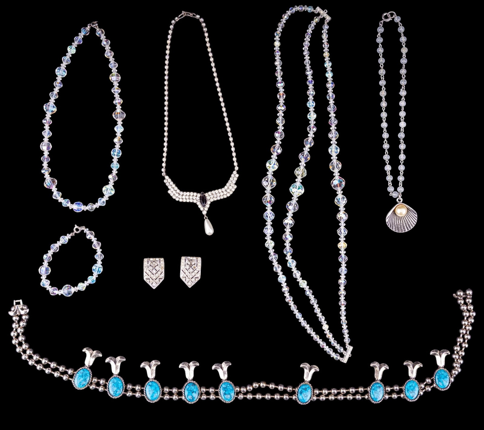 Necklaces and More: Includes several crystal vintage necklaces in varying lengths, a "squash blossom"-style necklace and vintage clips.