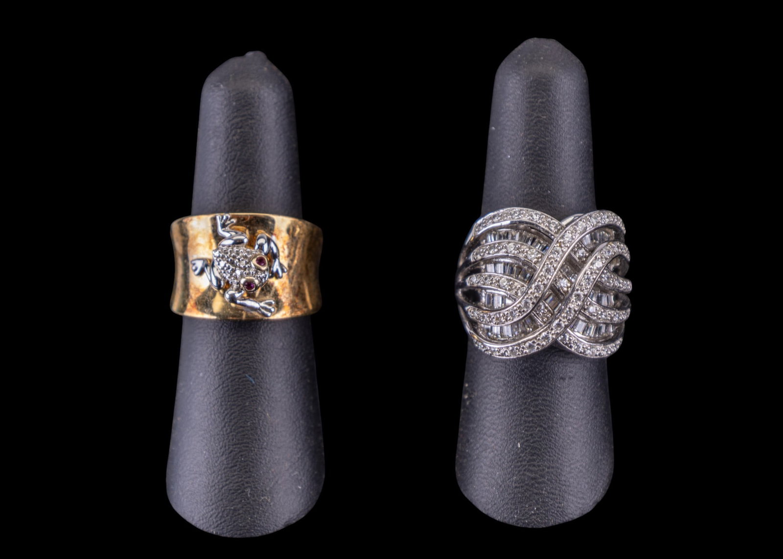 2 Sterling Fashion Rings: One sterling silver and crystal Pave ring and a sterling vermeil ring with a frog.