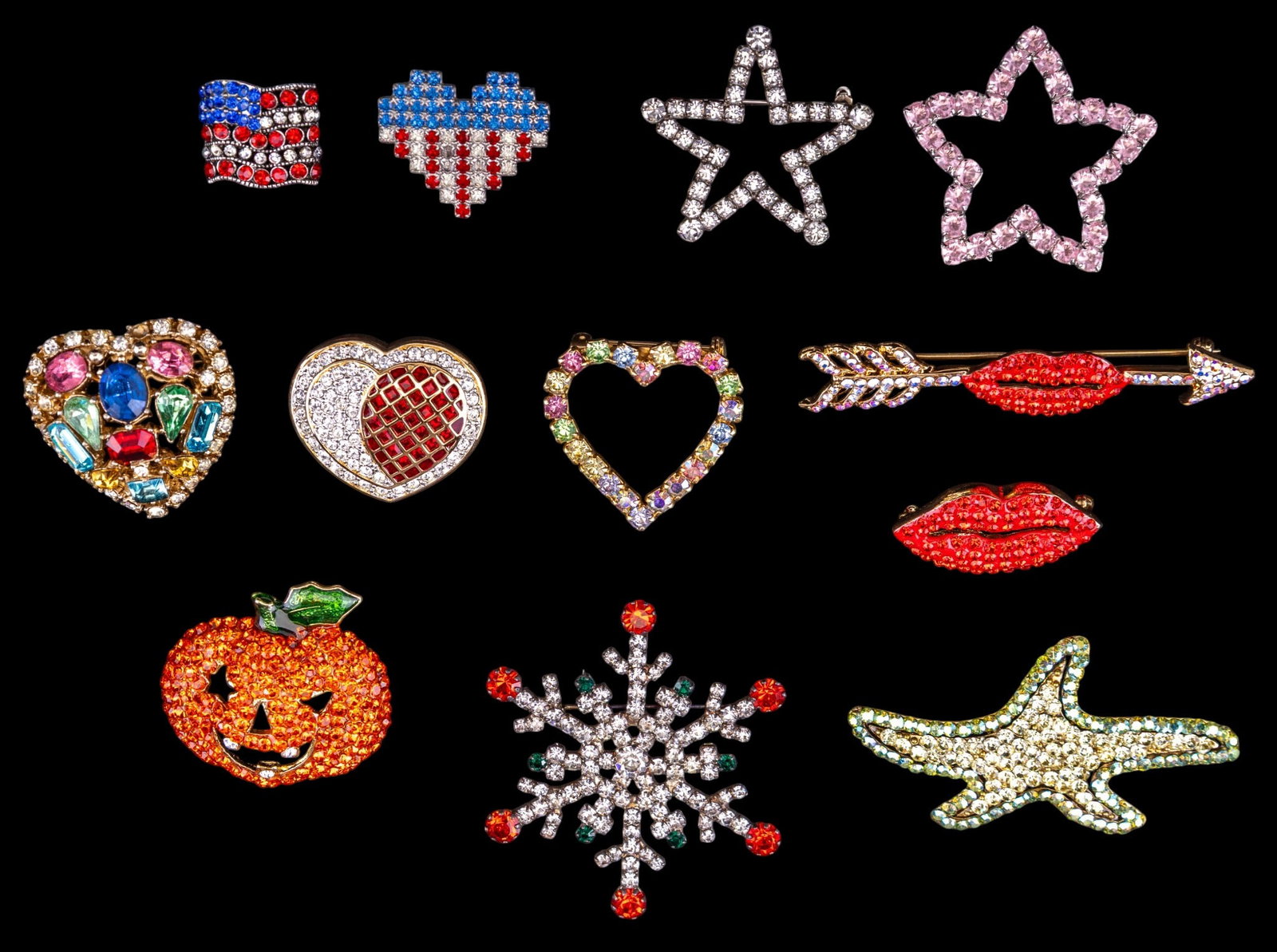 Bauer, Coro Craft, Swavorski and Brooches: includes a Corocraft multicolor heart, a Bauer patriotic heart, a Swavorski red & white crystal heart, 2 Nicki Butler lip brooches and more.