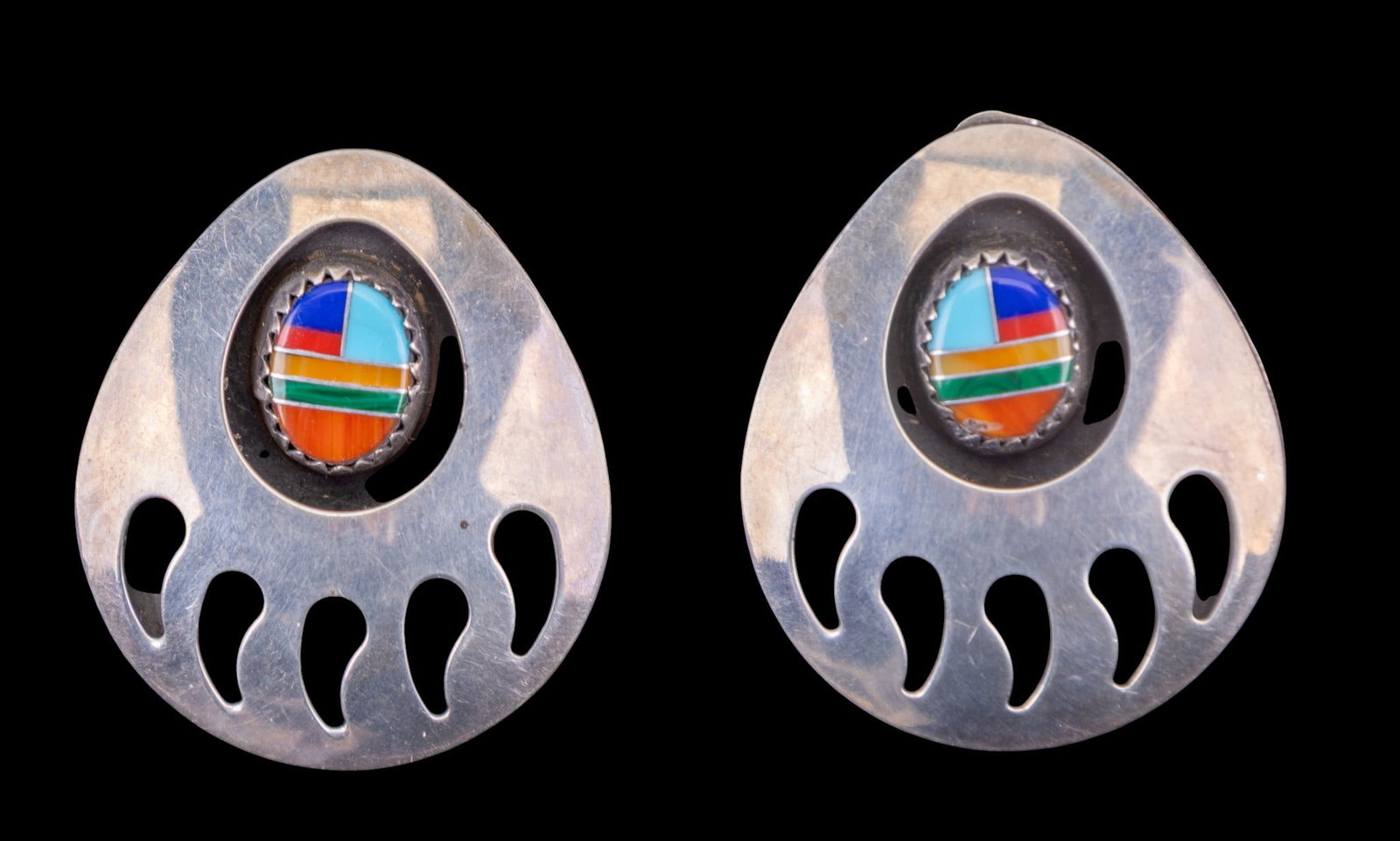 Native Sterling Earrings: Large stone inlaid claw shaped sterling silver vintage earrings.