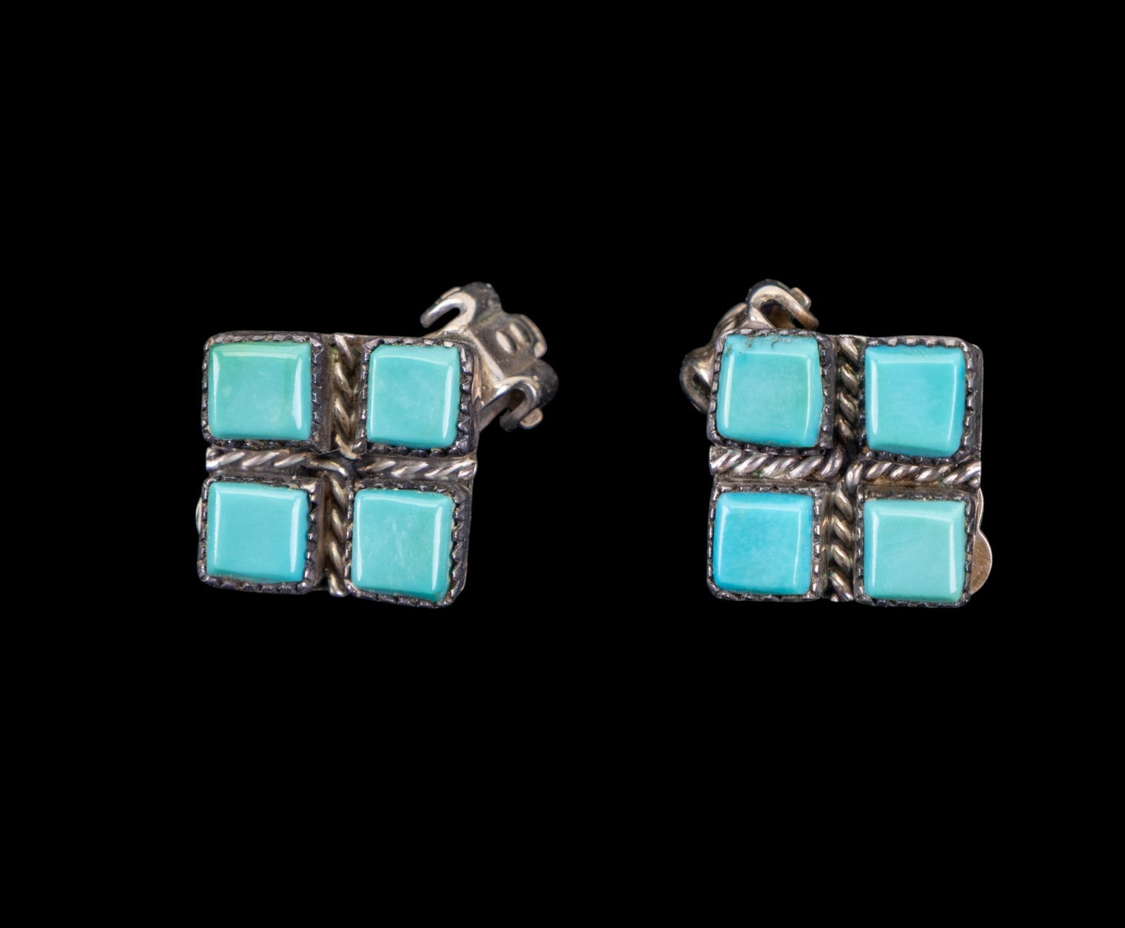 Turquoise Clip Earrings: Silver and turqoise vintage square shaped Native clip earrings.