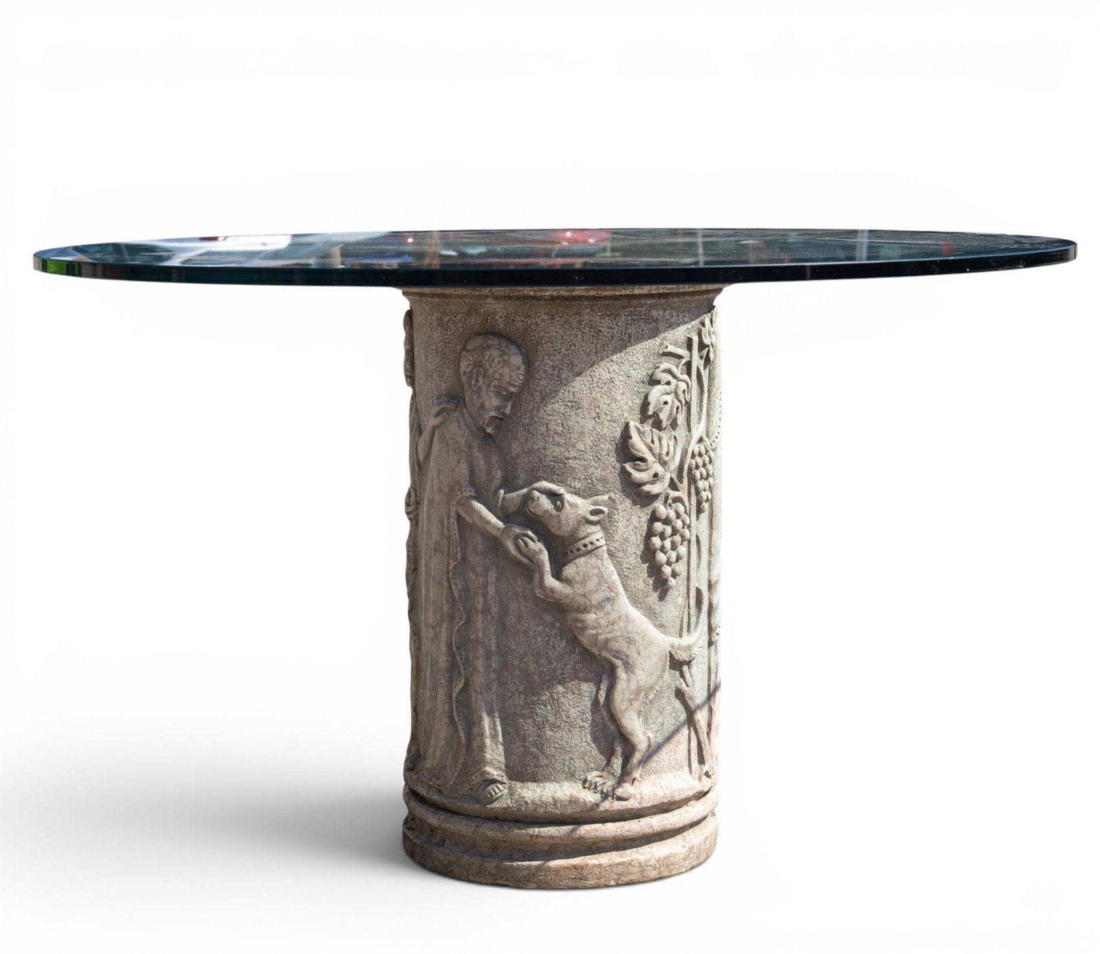 Carved Stone Pedestal Base, Glass top: Glass is thick at 1", base 48" dia, 29.5" H (internal M1)