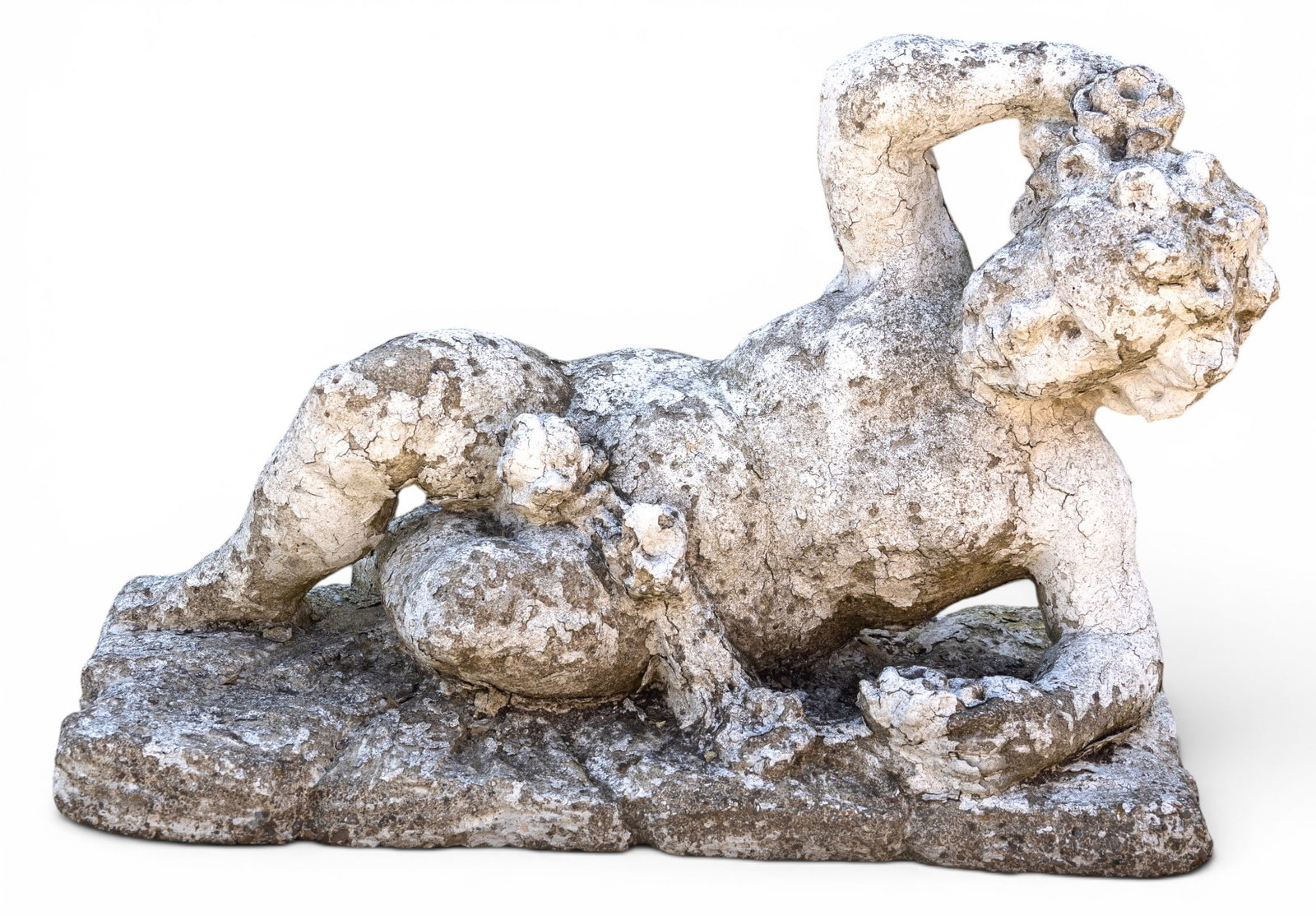Cherub Garden Statue: Concrete garden sculpture depicting a cherub in reclining pose. Measures approx. 23" W x 10" D x 16" H. Condition is as seen in photography.